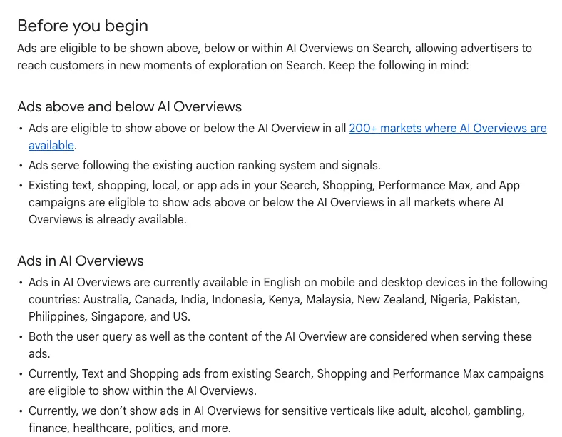 Google Ads Help page “About ads and AI Overviews” in English, listing the 12 countries where ads can show inside AI Overviews, a list that does not include Thailand