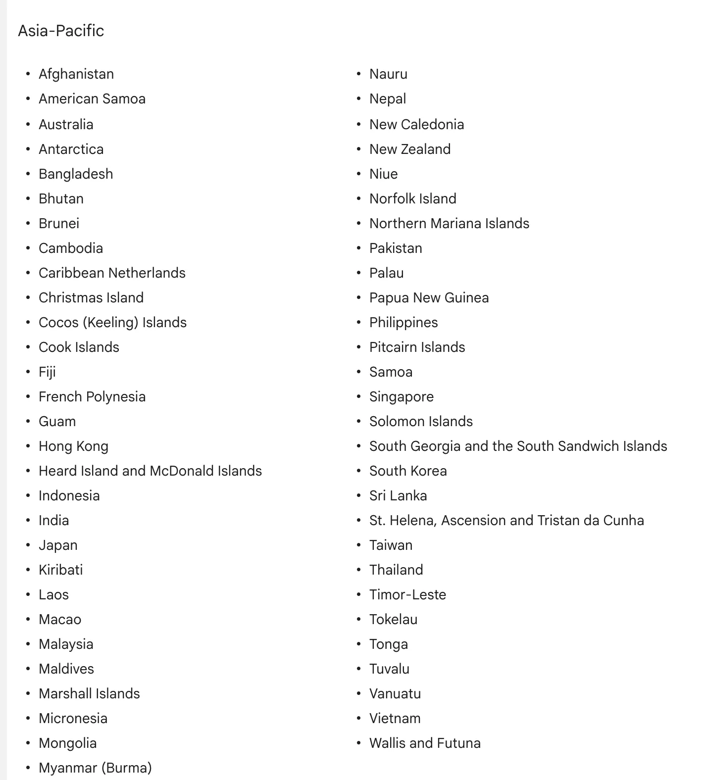 The Asia-Pacific part of the country list on Google’s AI Mode help page, with Thailand listed between Taiwan and Timor-Leste