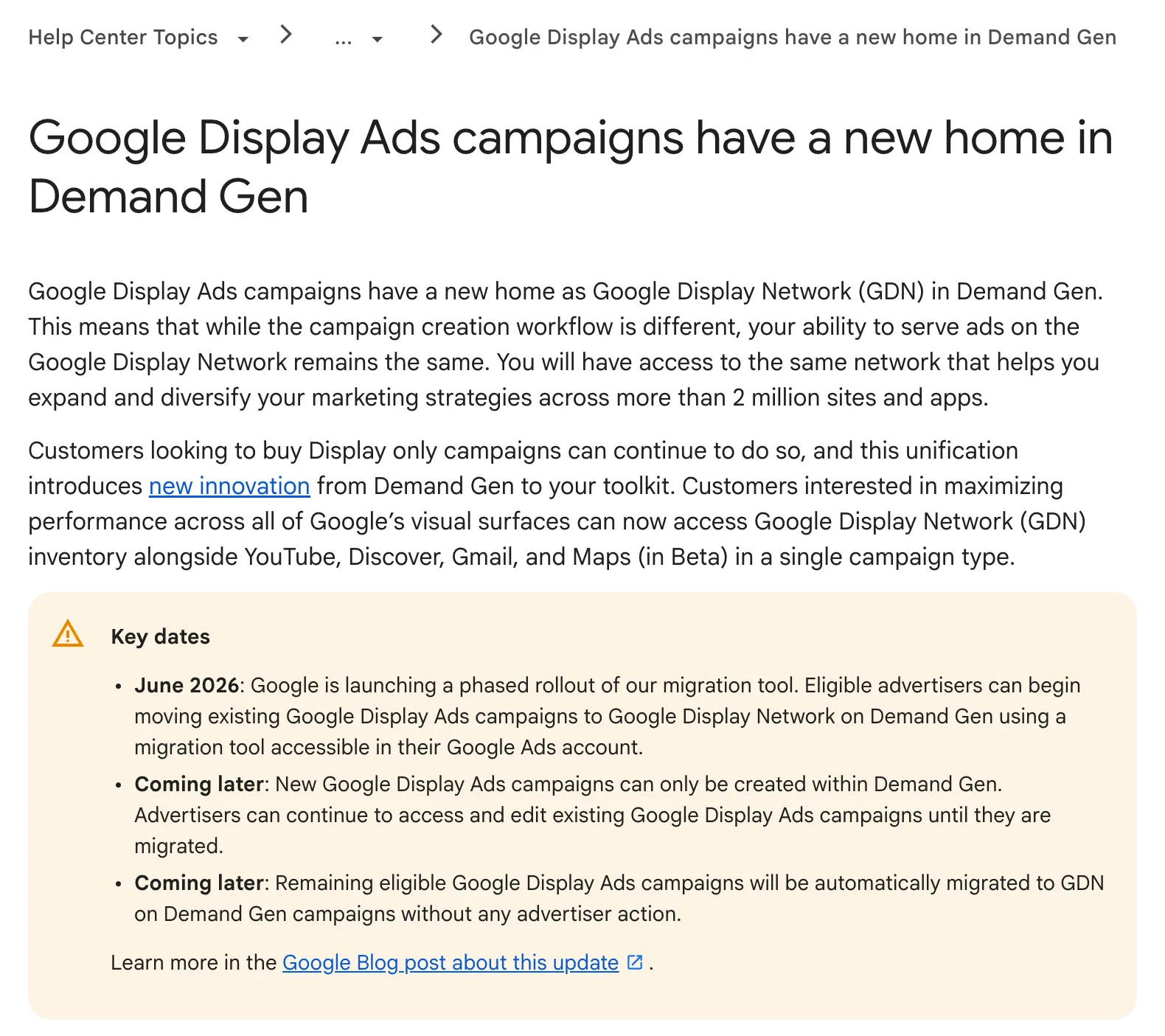 Google Ads Help page in English titled “Google Display Ads campaigns have a new home in Demand Gen”, showing the opening paragraphs and the key dates of the migration