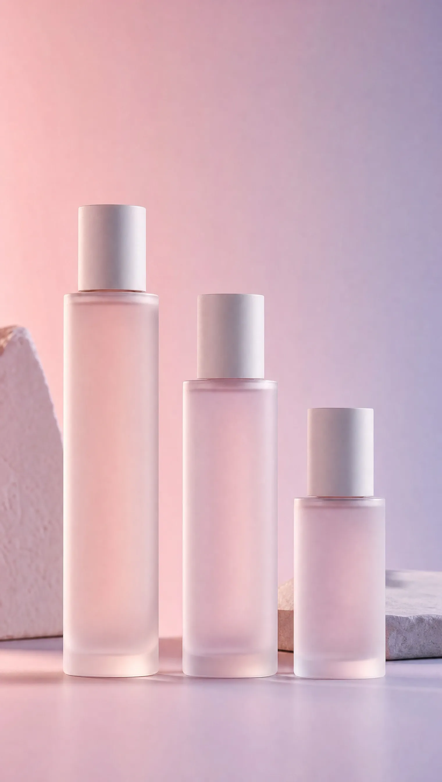 Three frosted skincare bottles against a pink and lilac background