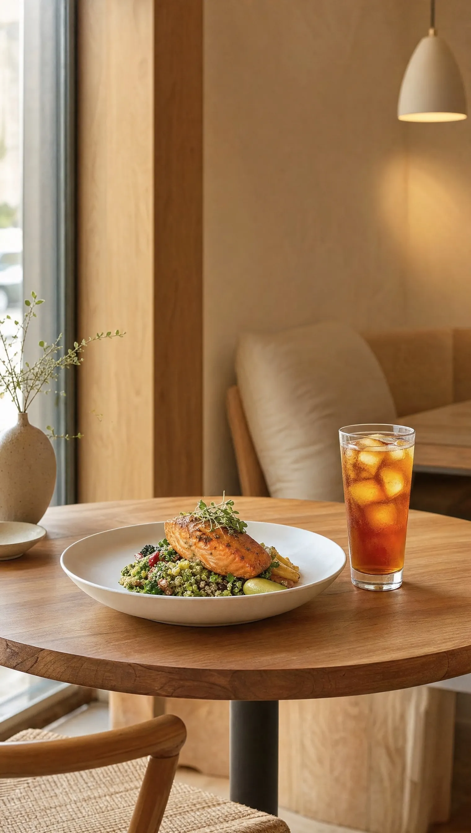 A plated dish and a glass of iced tea on a cafe table