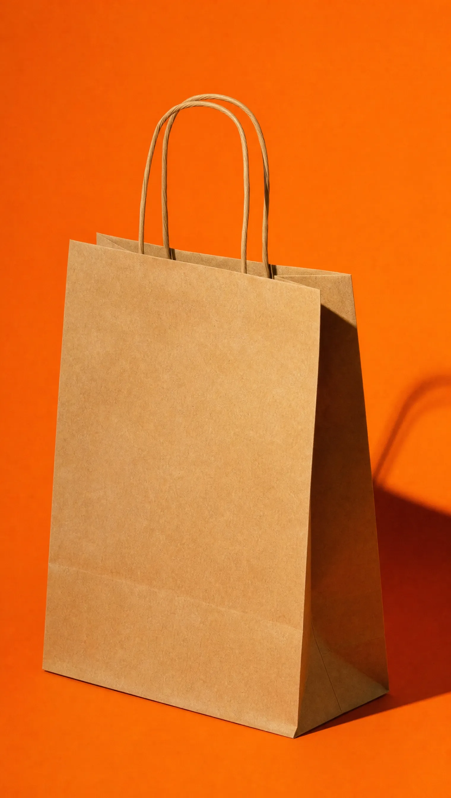 A plain paper shopping bag on an orange background