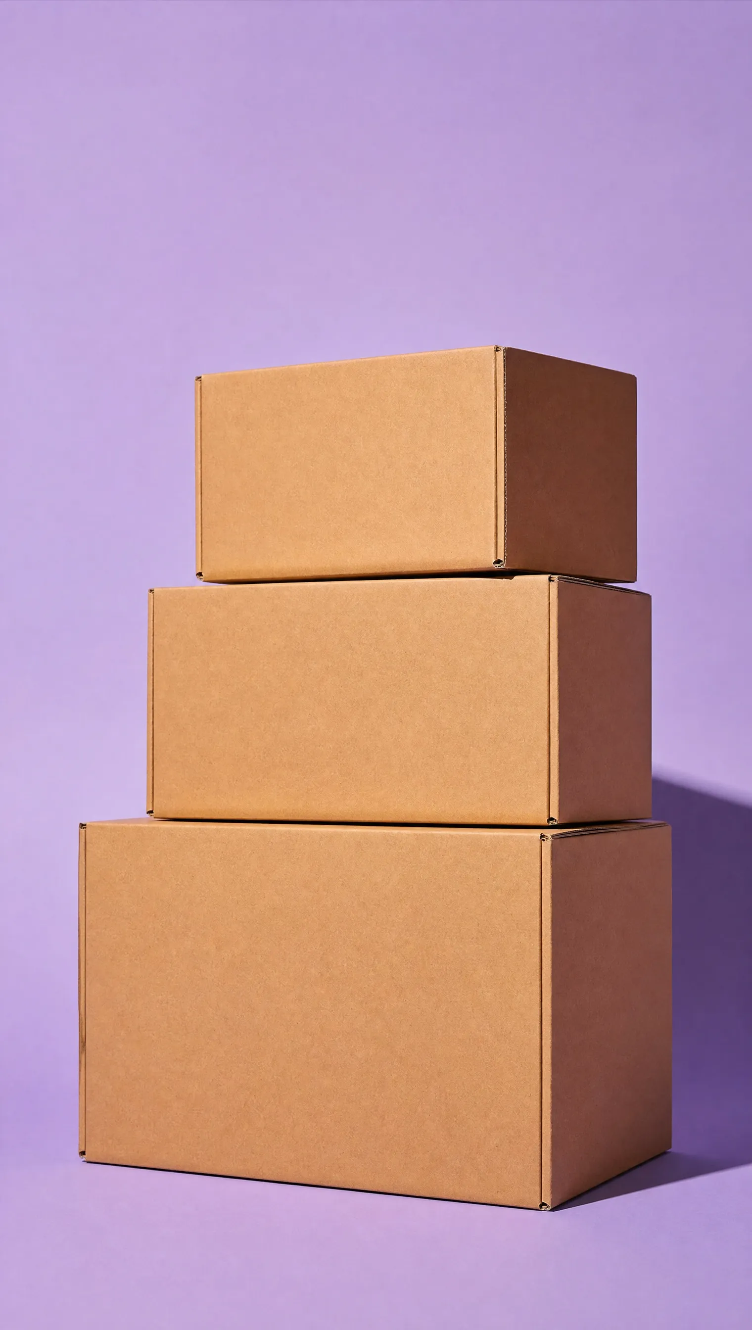 Three plain parcels stacked on a lilac background