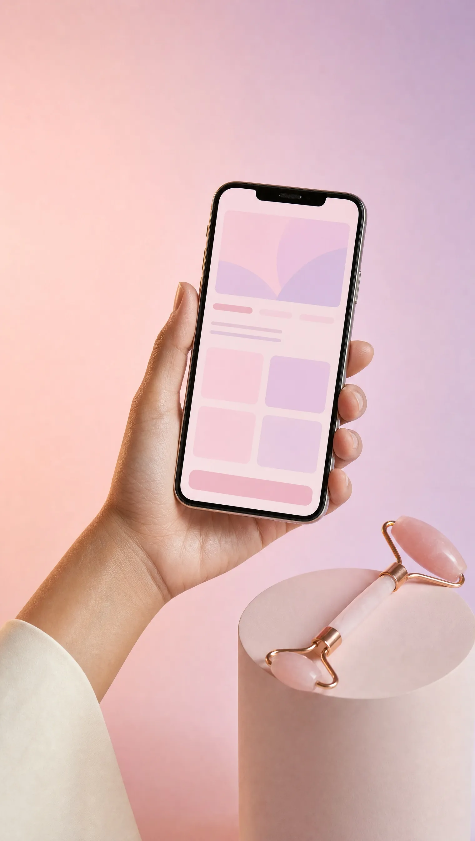 A hand holding a phone with a booking page, a jade roller beside it