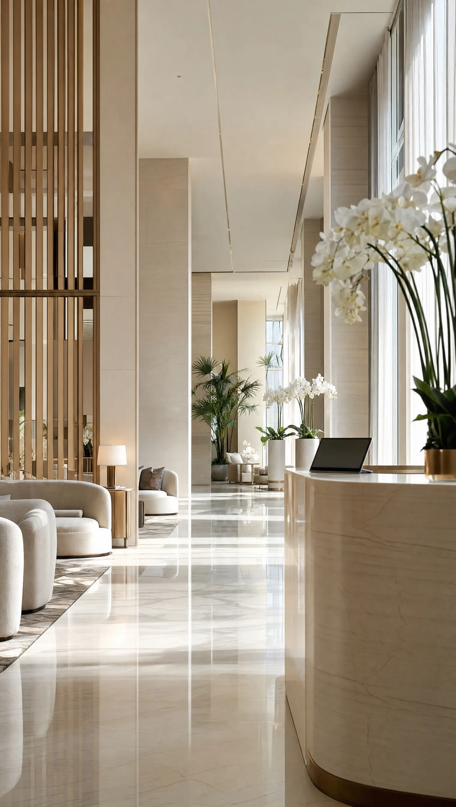 A hotel lobby with marble floors and tall orchids