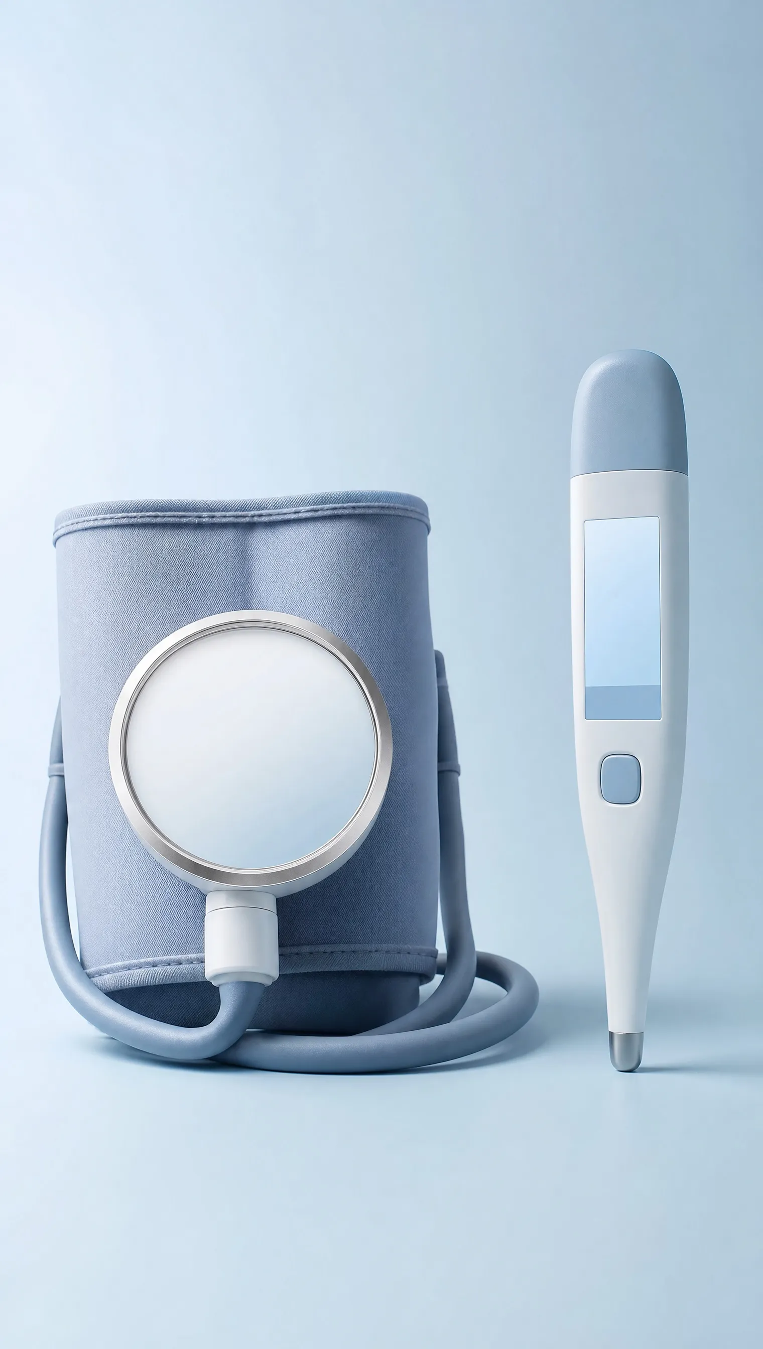 A blood pressure cuff and a thermometer against a pale blue background
