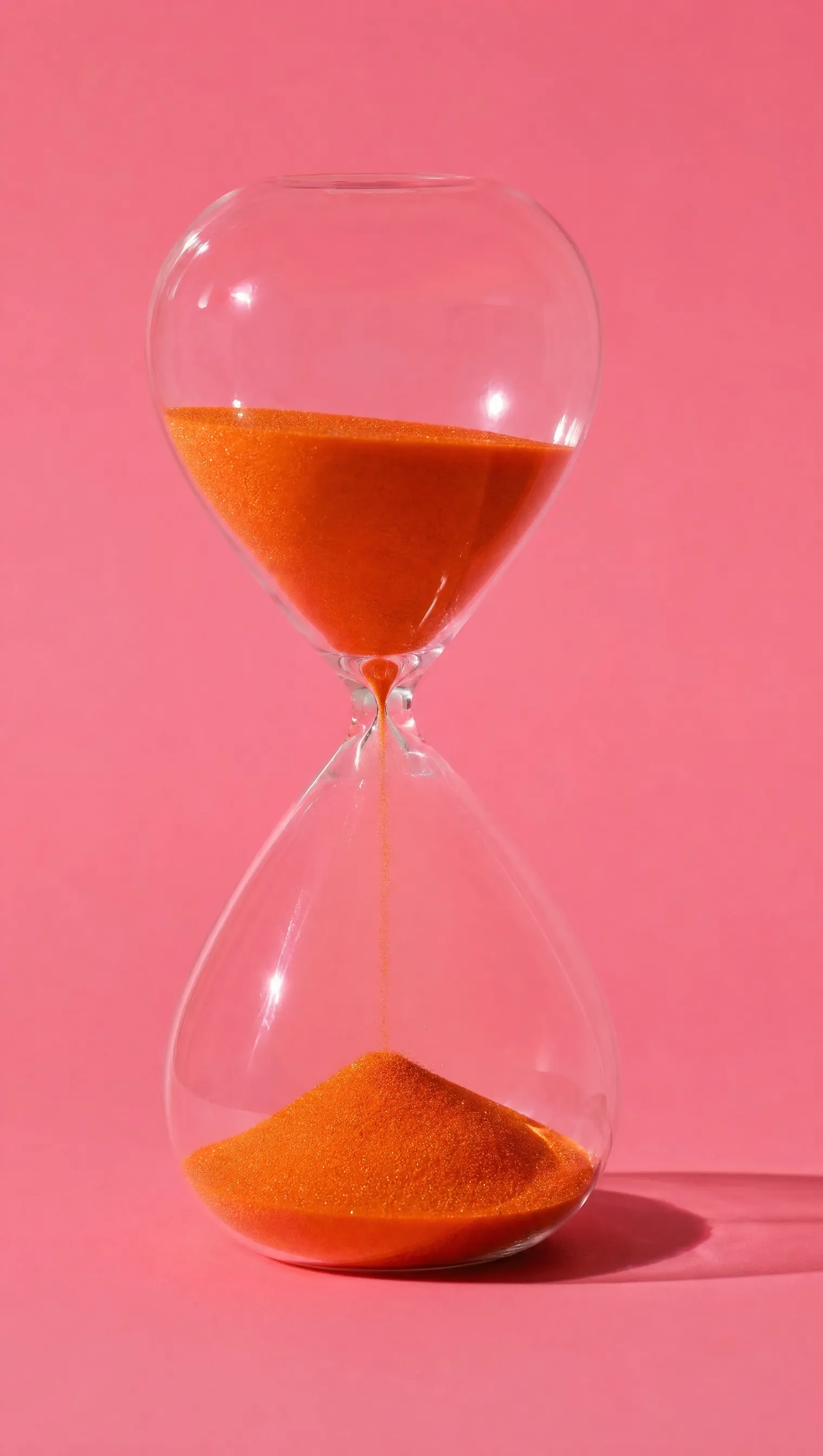 An hourglass with orange sand on a pink background