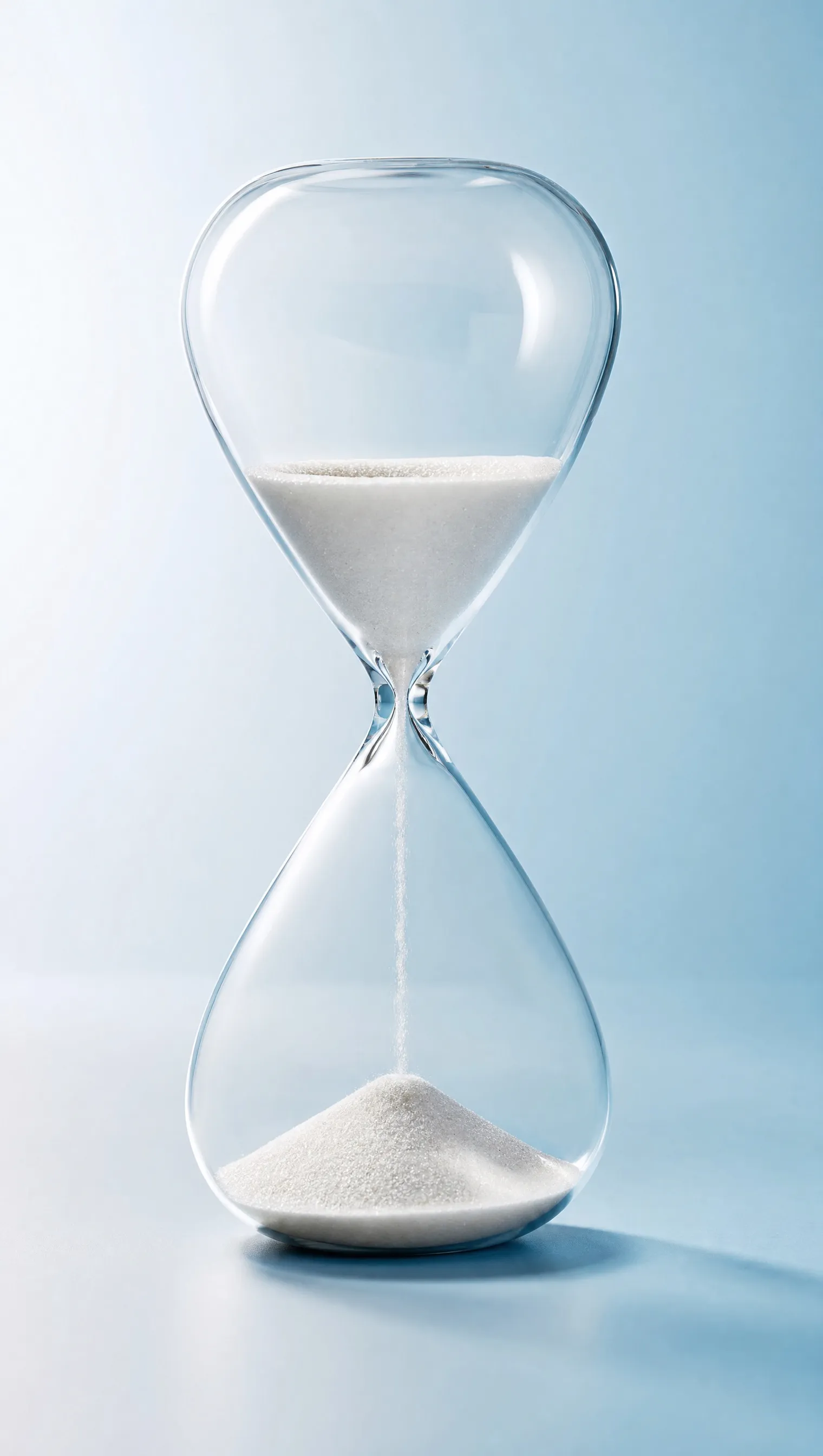 An hourglass with white sand against a pale blue background