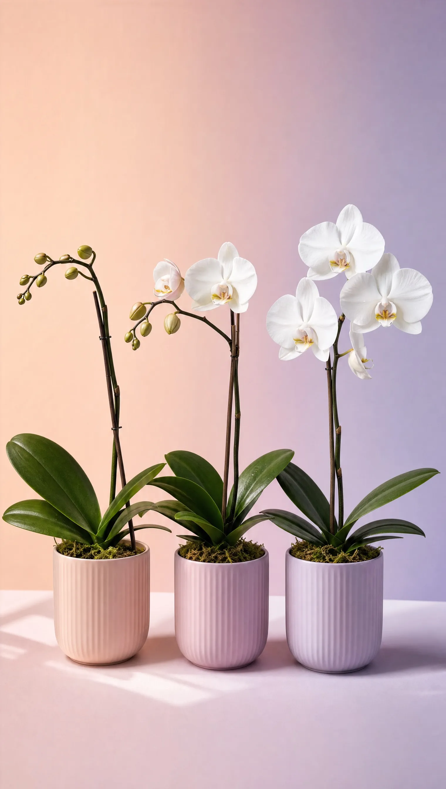 Three white orchids in a row, from bud to full bloom