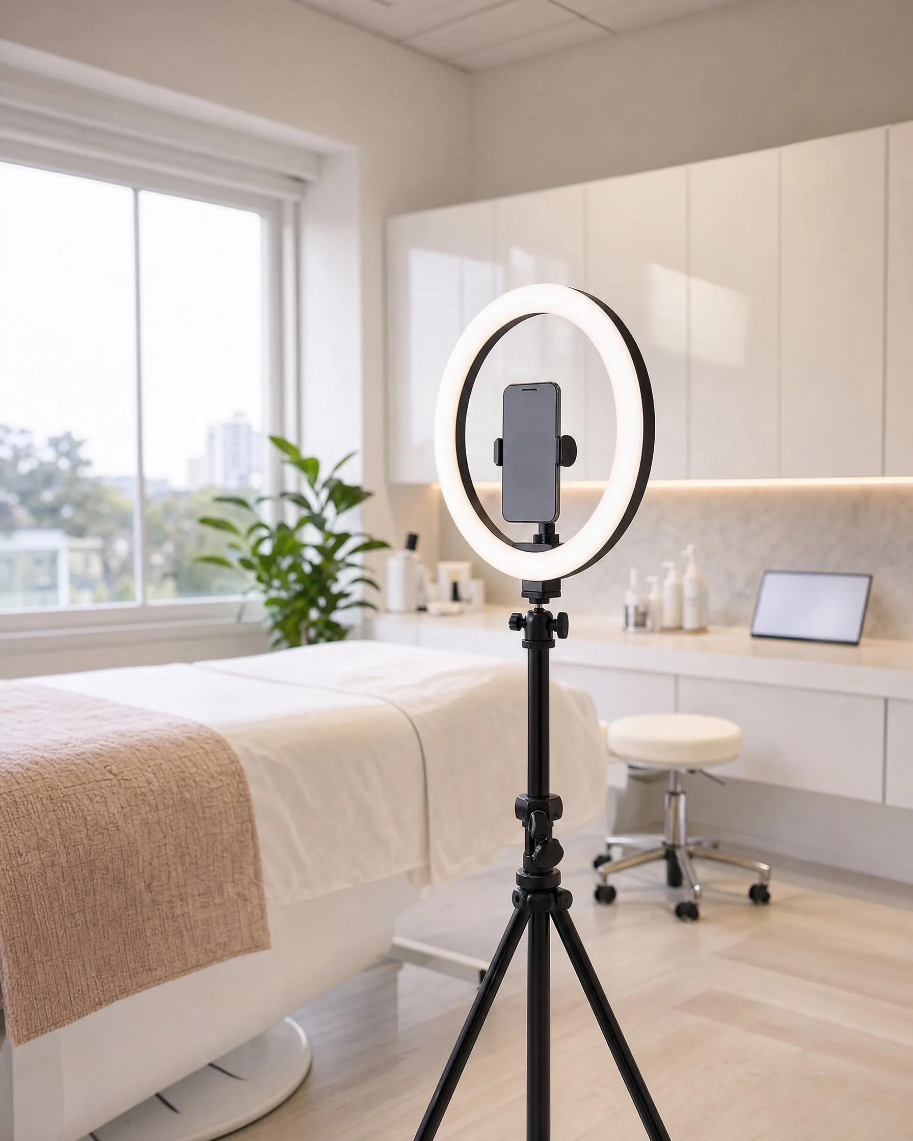 A ring light and a phone on a tripod in a bright clinic room