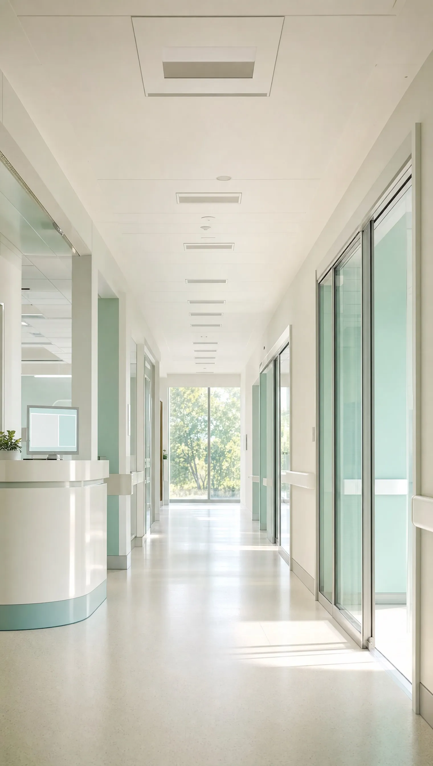 An empty hospital corridor with glass walls and a window onto trees in morning light
