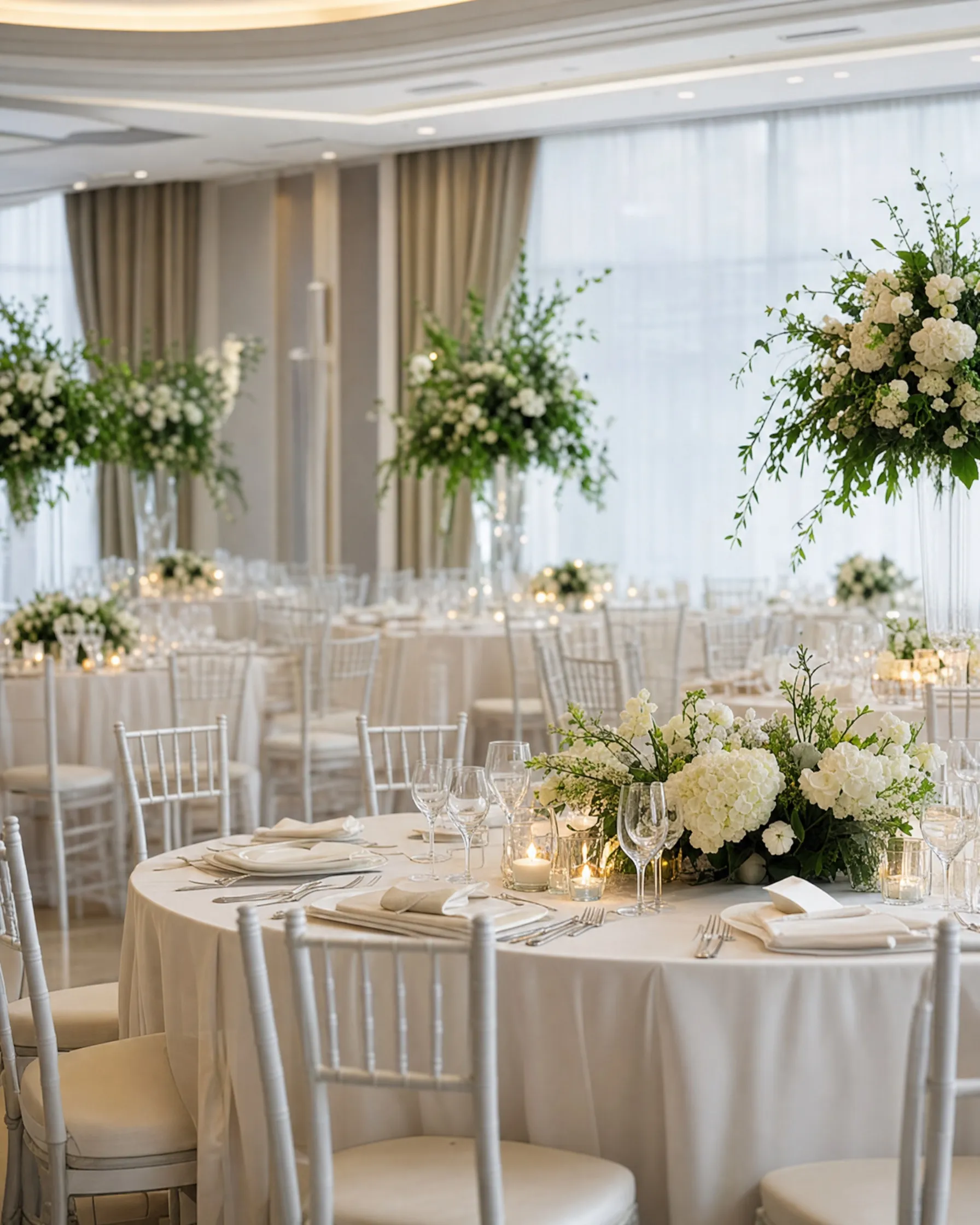 A banquet hall set with white chairs, round tables and flowers