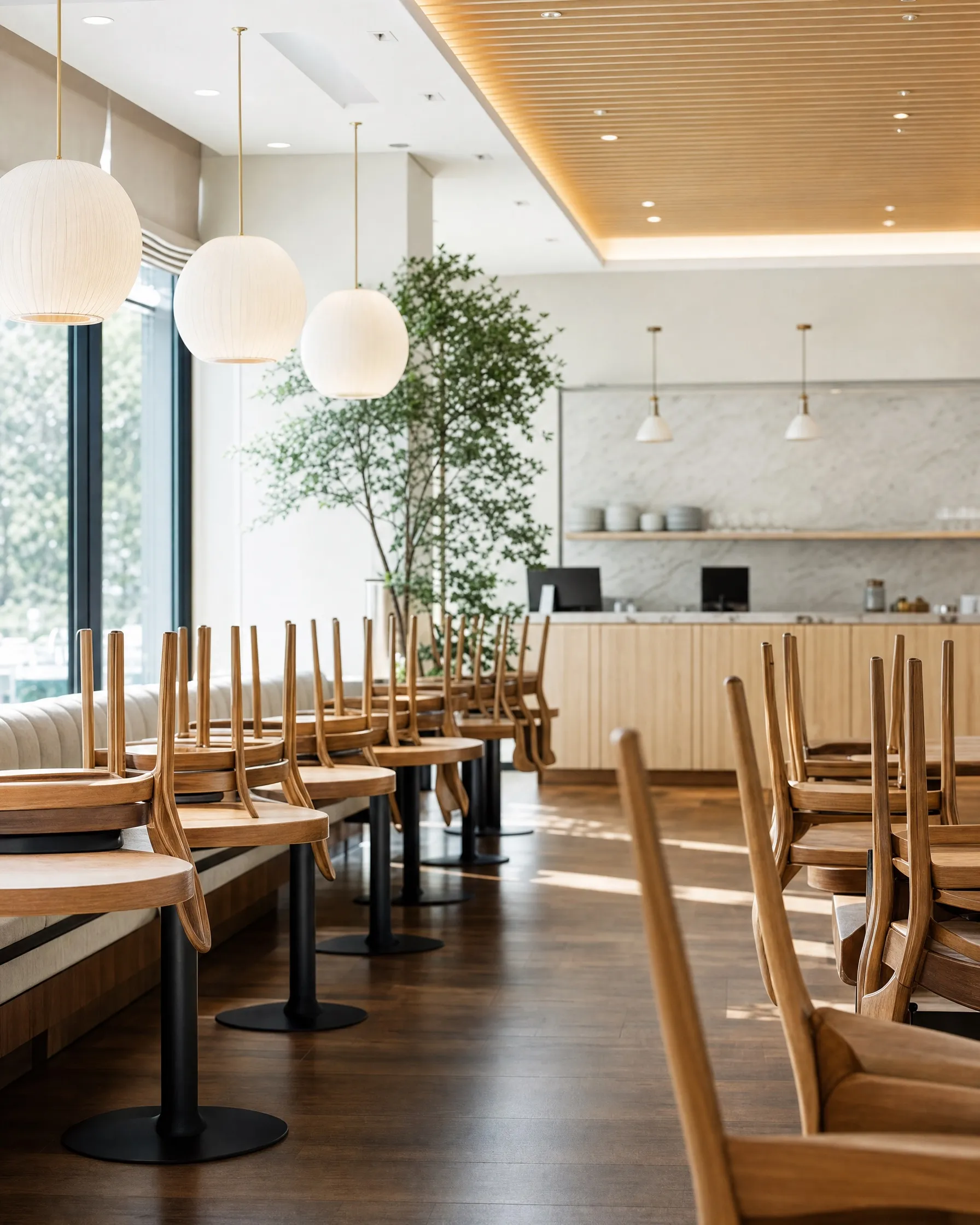 A new restaurant with chairs upturned on the tables before opening