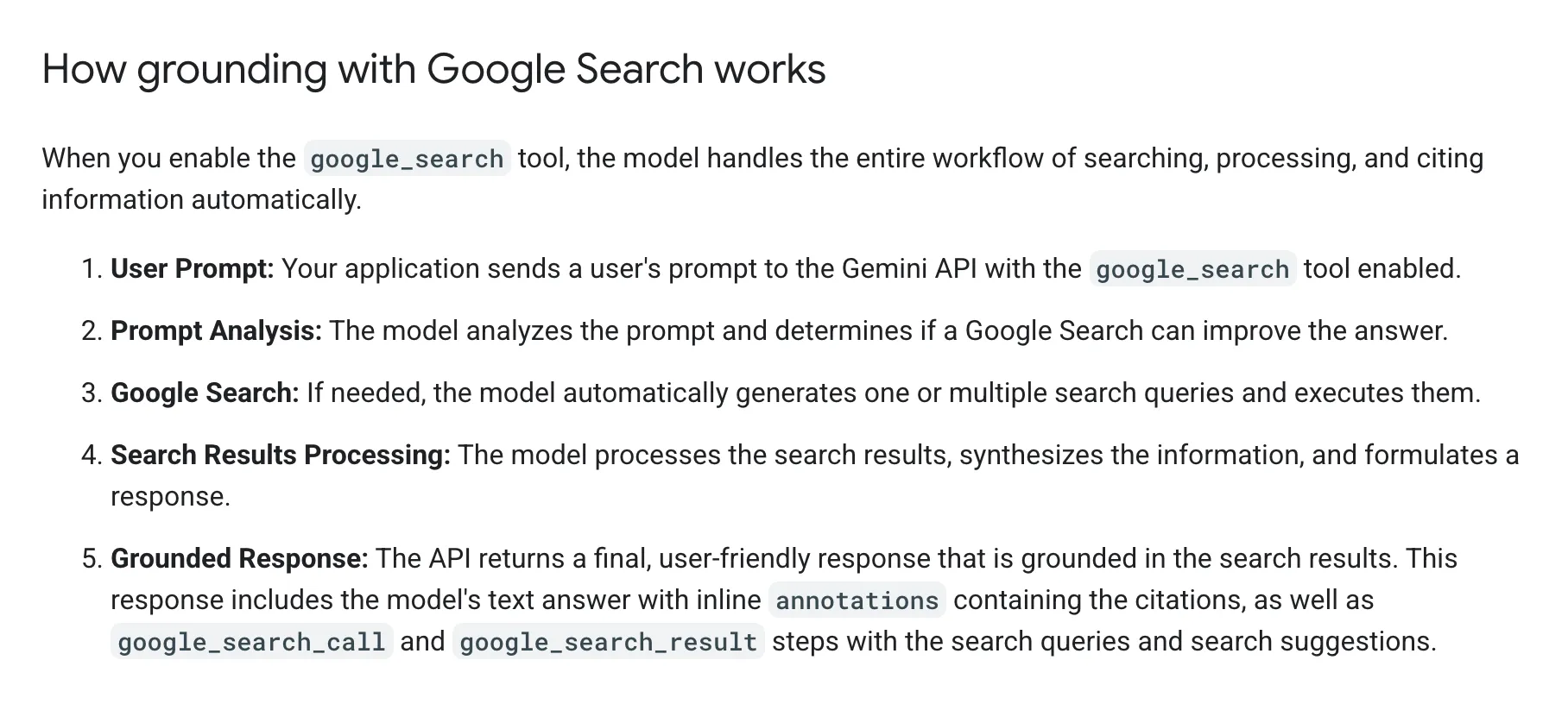 Google’s Gemini API documentation in English, the section on how grounding with Google Search works, with five steps from the user’s prompt to a grounded response with citations