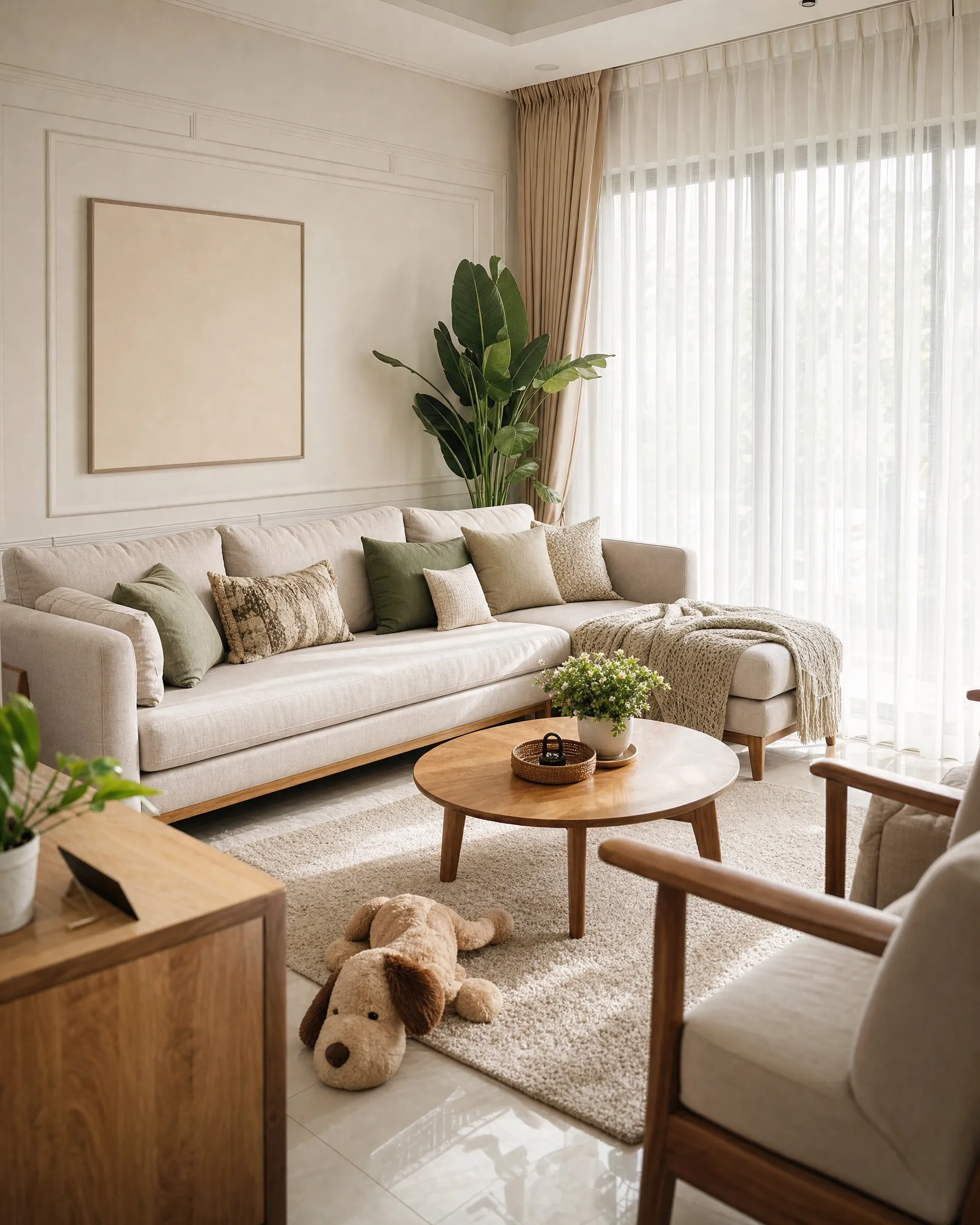 A bright family lounge with a sofa, cushions and a soft toy on the rug