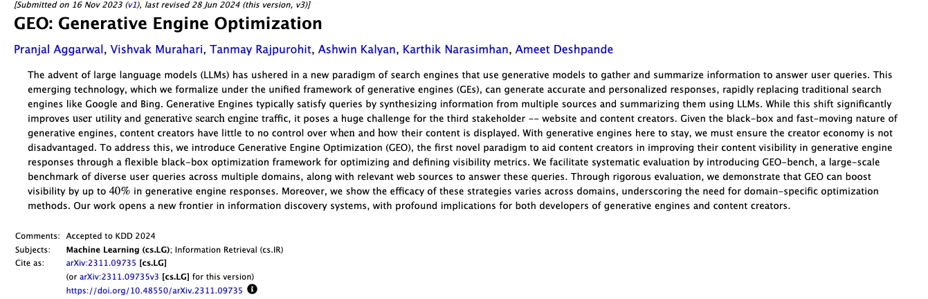 The arXiv page for the research paper GEO: Generative Engine Optimization, with its 6 authors and its summary