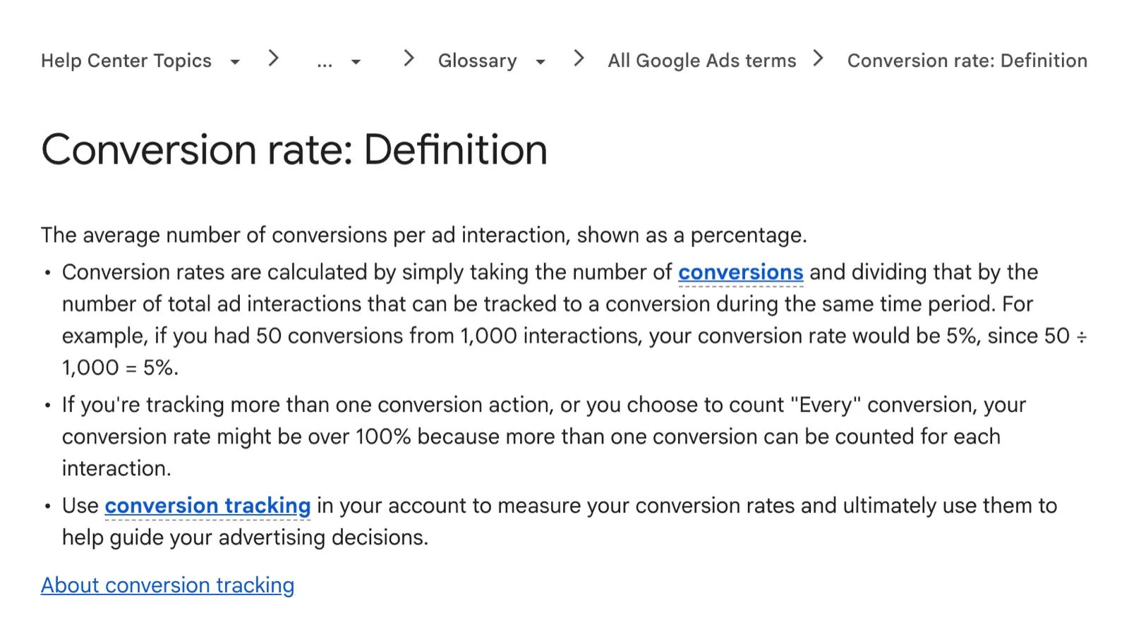 Google Ads Help page defining conversion rate as conversions divided by ad interactions, with the note that the rate can pass 100% when more than one conversion is recorded for each interaction