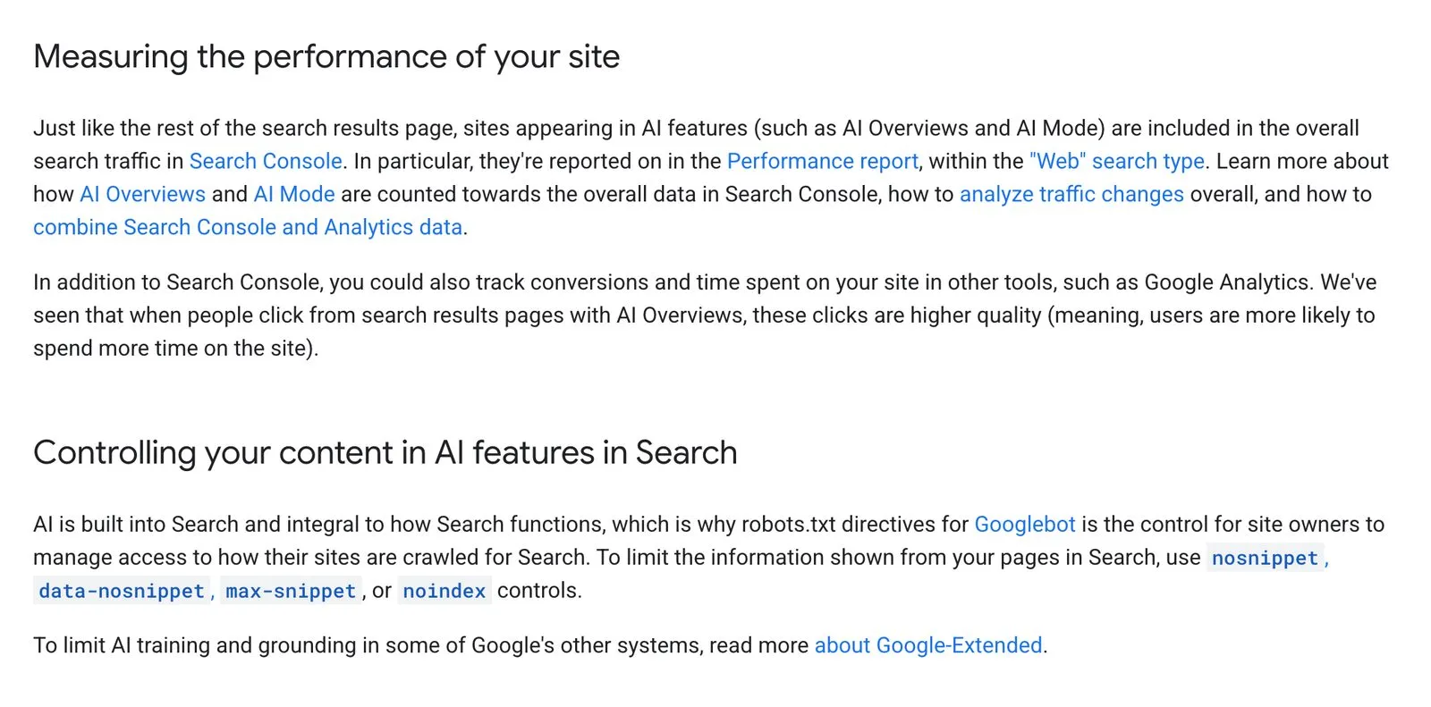 Google Search Central’s page on AI features and your website, with the section on measuring performance, which says sites in AI Overviews and AI Mode are reported in the Performance report within the Web search type, and the section on controlling content, which lists nosnippet, data-nosnippet, max-snippet and noindex