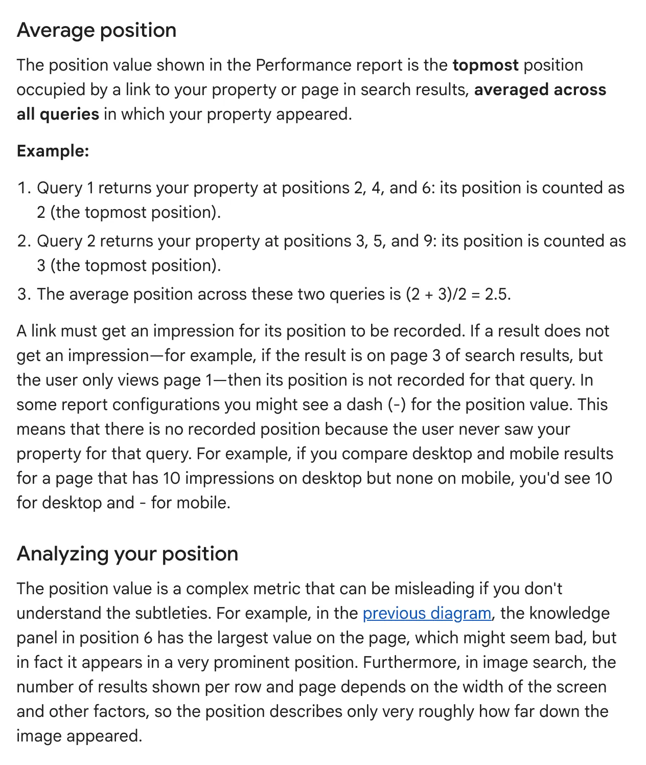 Part of Google’s Search Console Help page in English on average position, showing how the topmost position is averaged across all queries and the line that says the position value is a complex metric that can be misleading