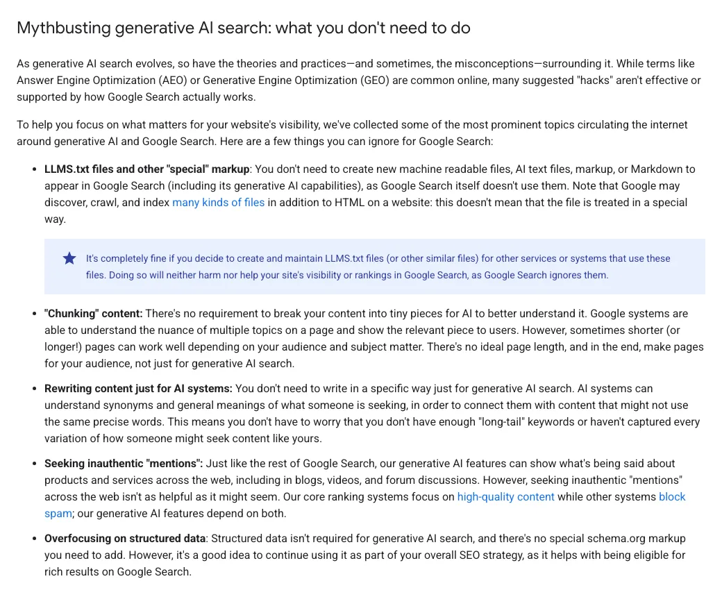 Google Search Central’s English guide to generative AI features, the section on what you do not need to do, which mentions answer engine optimisation (AEO) and generative engine optimisation (GEO) and lists llms.txt files and special markup, chunking content, rewriting content for AI, inauthentic mentions and overfocusing on structured data
