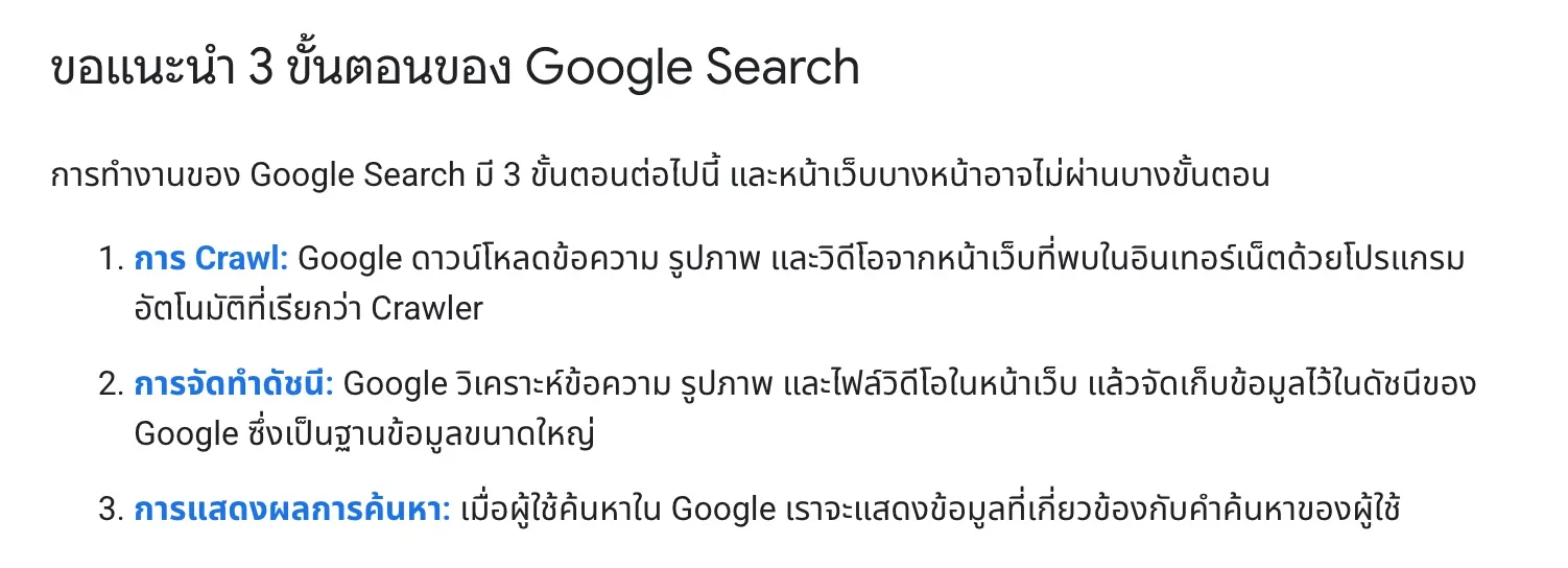 ส่วนหนึ่งของคู่มือวิธีการทำงานของ Google Search ภาษาไทยบน Google Search Central หัวข้อ 3 ขั้นตอนของ Google Search ได้แก่ การ Crawl การจัดทำดัชนี และการแสดงผลการค้นหา พร้อมคำอธิบายสั้น ๆ ของแต่ละขั้น