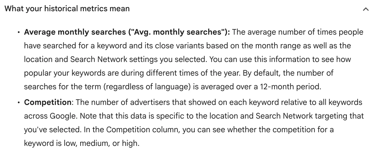 Google Ads Help page on Keyword Planner showing that average monthly searches cover a keyword and its close variants, regardless of language, and that the Competition column is the number of advertisers that showed on a keyword