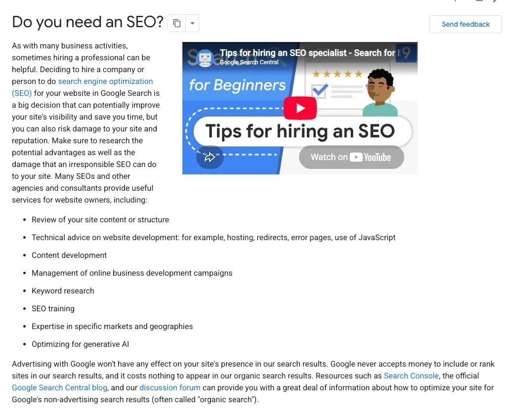 Google Search Central’s English page “Do you need an SEO?”, ending with the paragraph that says advertising with Google won’t have any effect on a site’s presence in Google’s search results