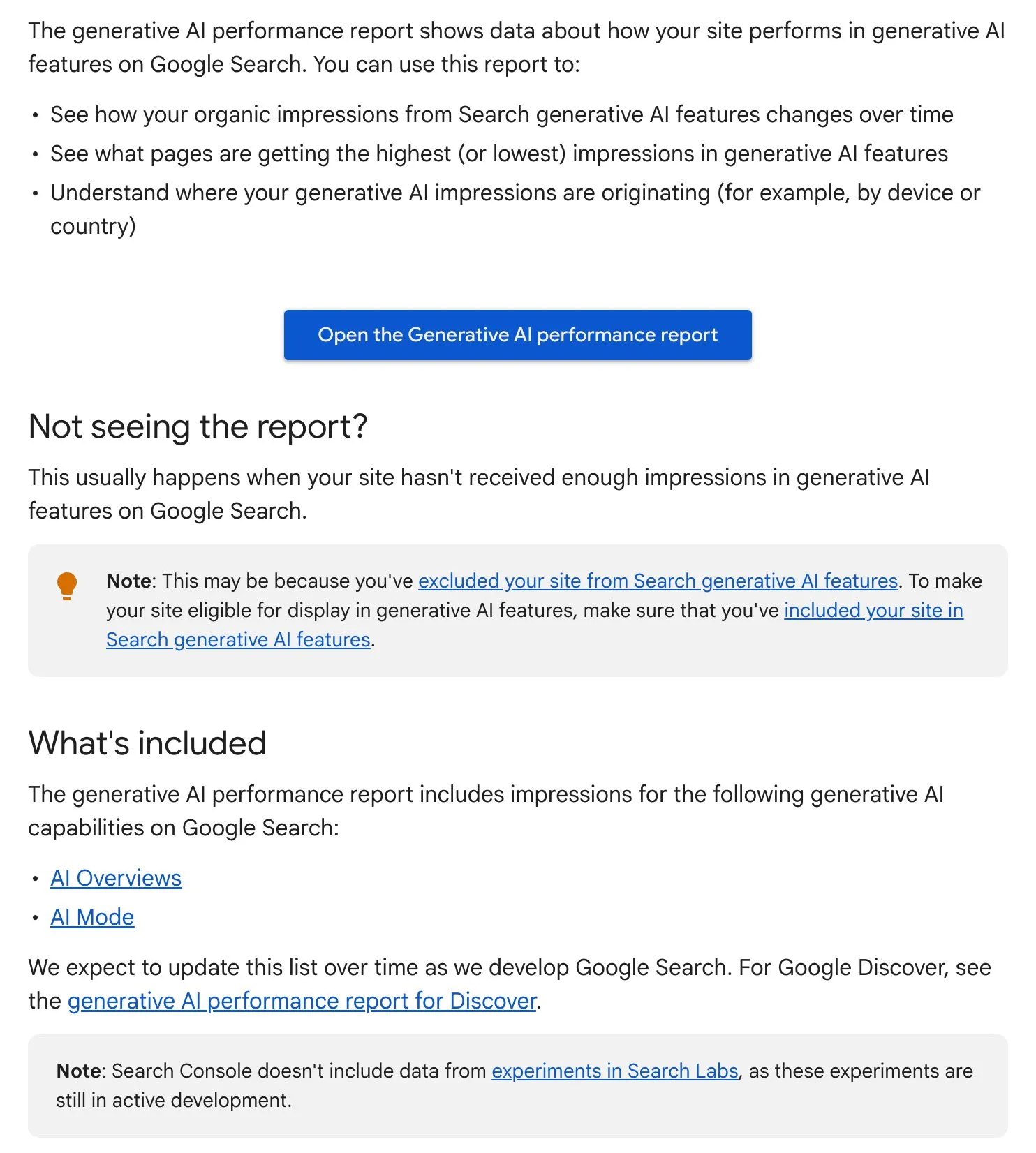 Google’s Search Console Help page for the generative AI performance report, listing what the report shows (impressions over time, the pages with the most and fewest impressions, and the devices and countries they come from) and the two features it covers, AI Overviews and AI Mode
