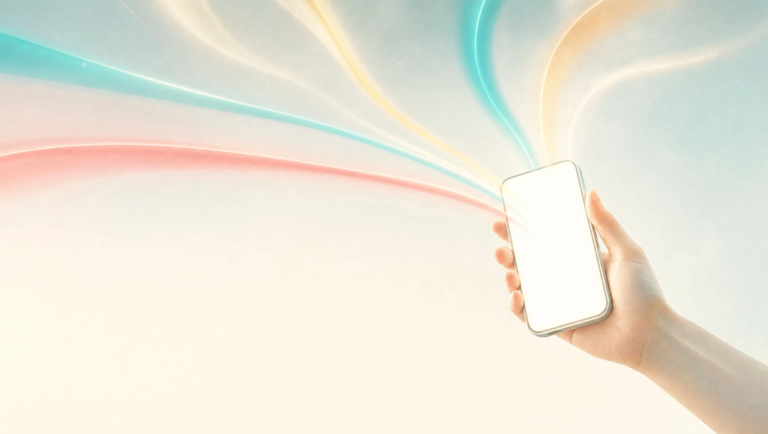 A hand holding a tilted phone with a blank, glowing white screen, with ribbons of teal, coral and yellow light flowing out of it across a pale cream sky, the picture at the top of a guide to digital marketing