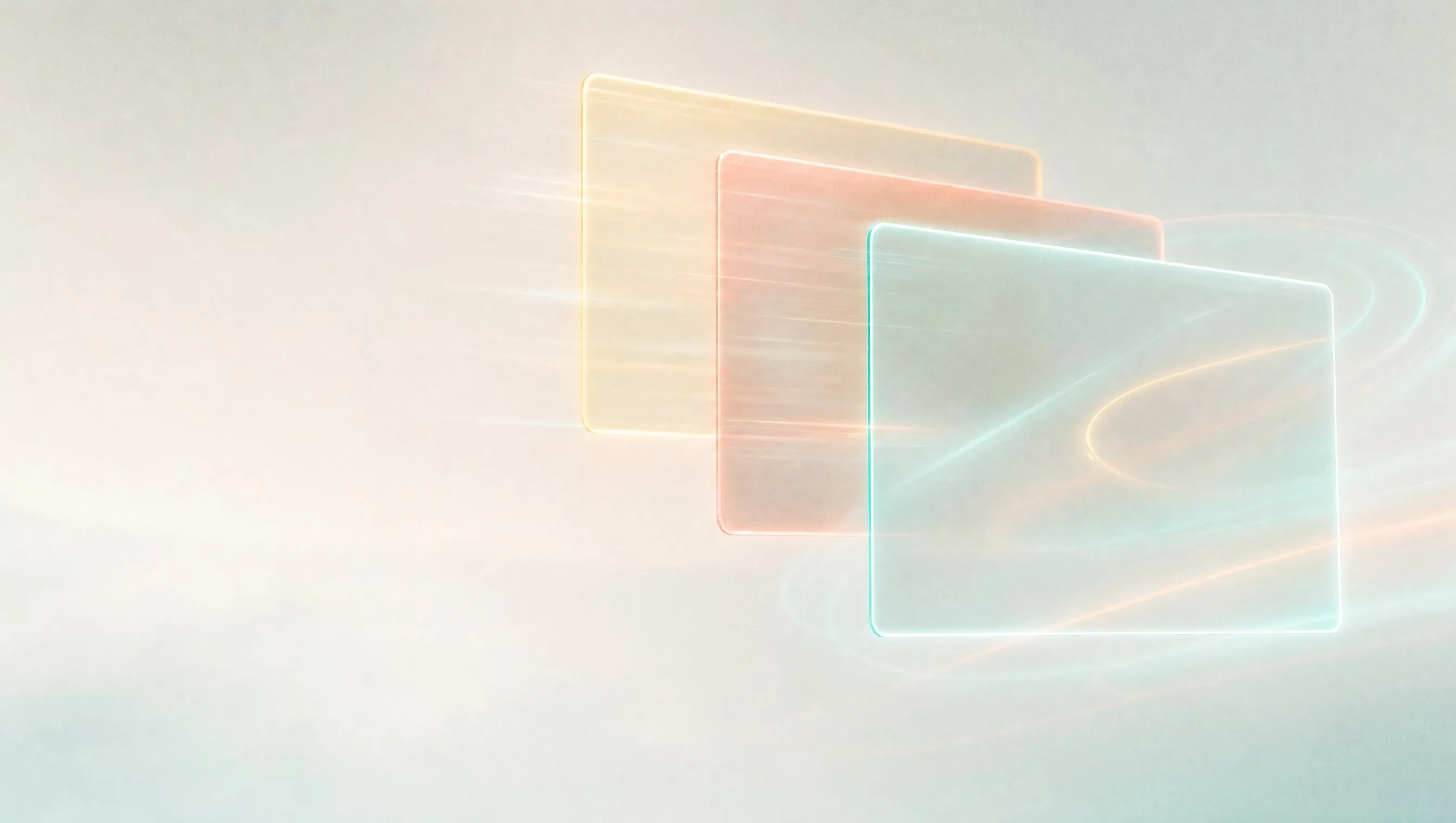 Three blank frosted glass panels for SEO, AEO and GEO floating in a row on a pale cream background, edged in yellow, coral and teal light, with light trails curving around them