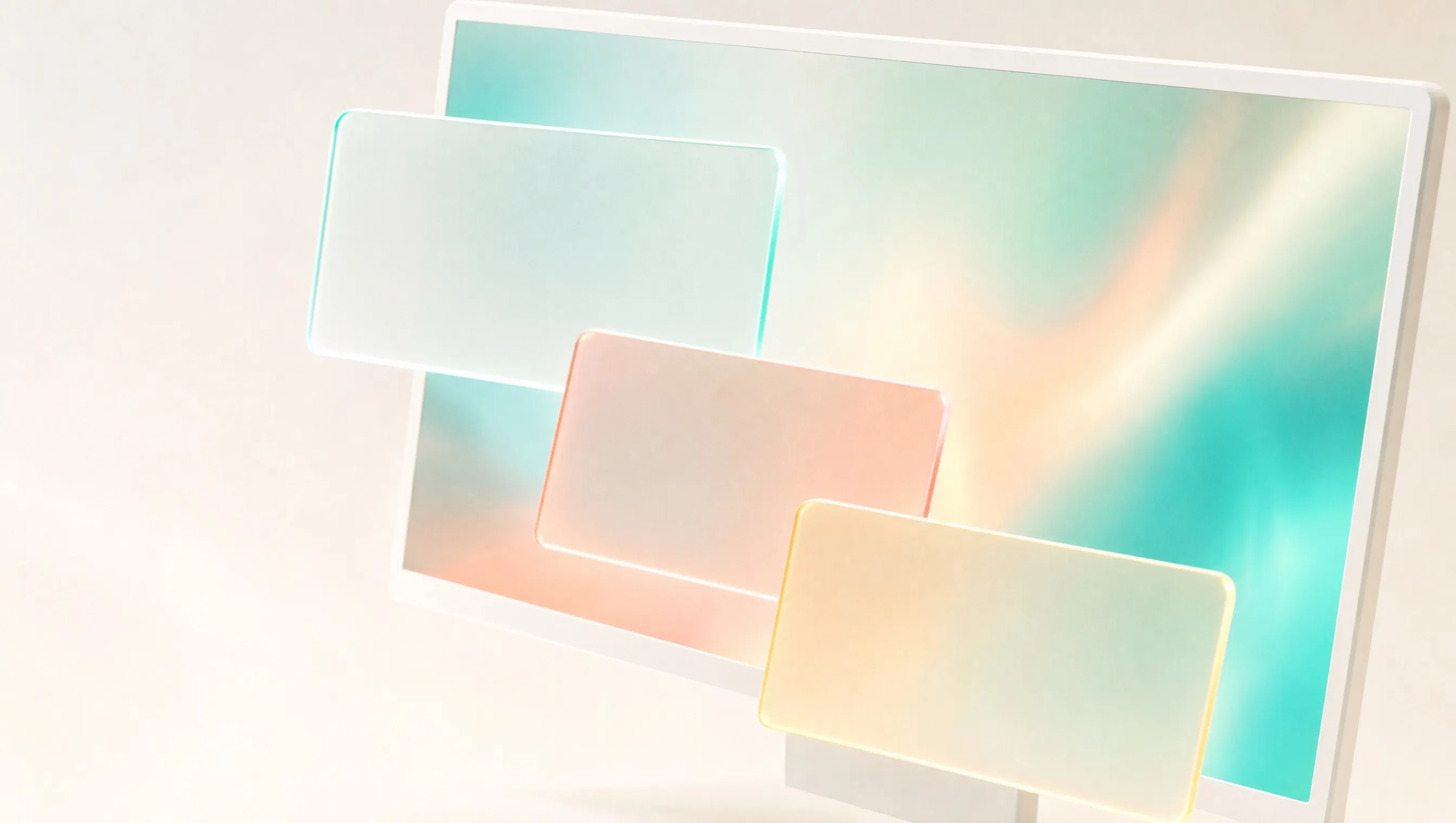A white monitor tight in frame with its blank screen lit teal and coral, and 3 blank frosted glass cards in teal, coral and yellow floating in a diagonal row in front of it, an image for a post on schema markup