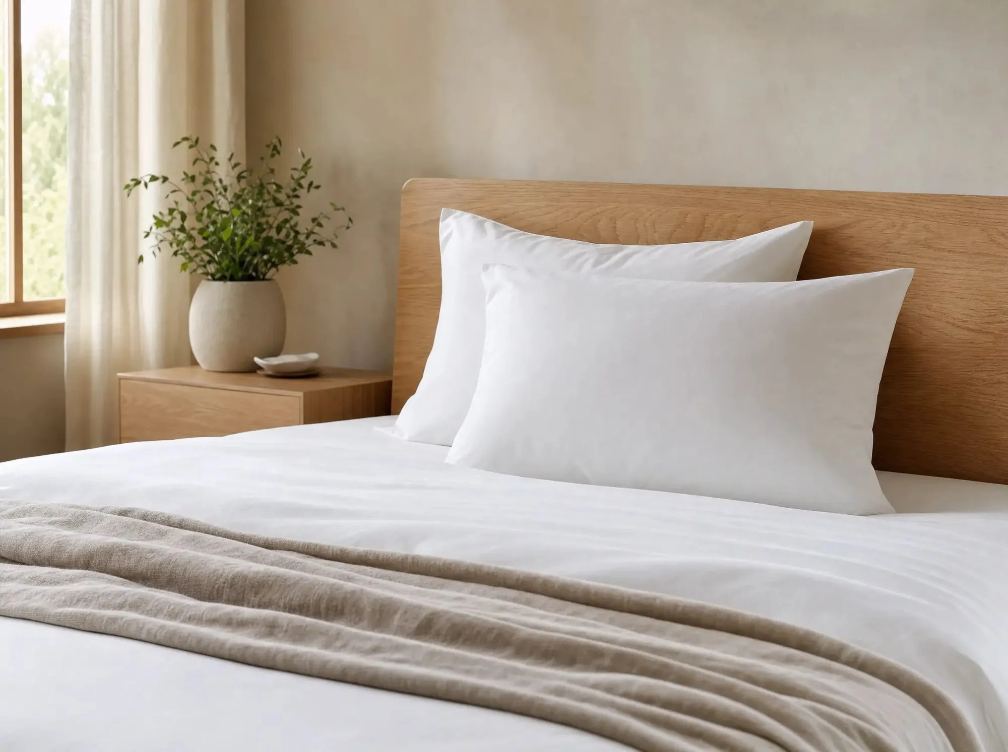 Two plump white pillows against a pale oak headboard on a neatly made bed, a linen throw folded at the foot, morning light from a window at the left