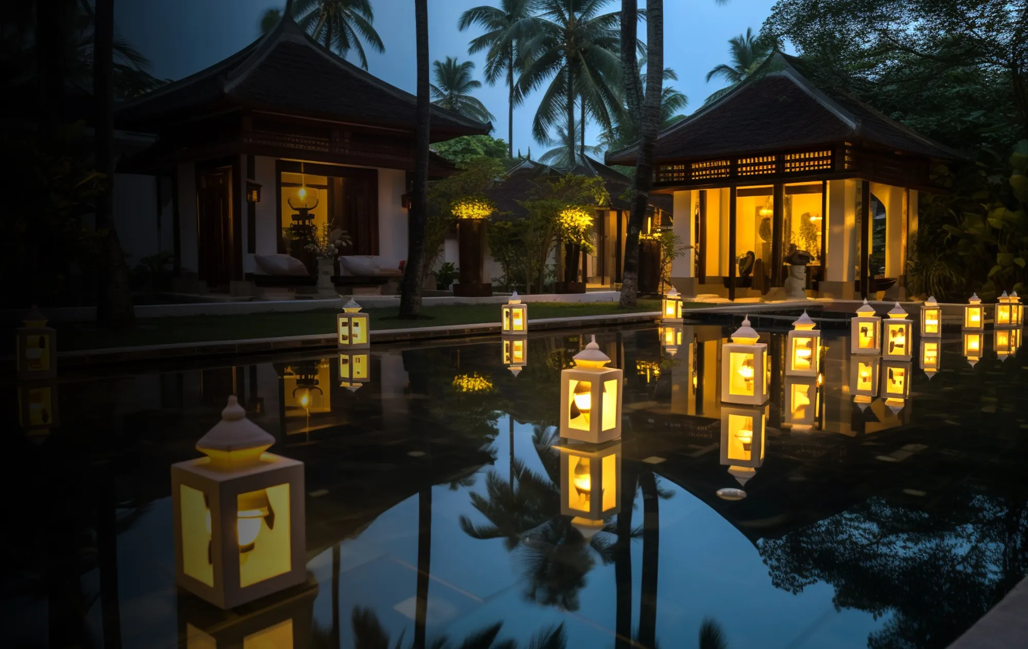 Lit lanterns standing in a still pool at dusk, in front of two Thai-style pavilions and tall palm trees