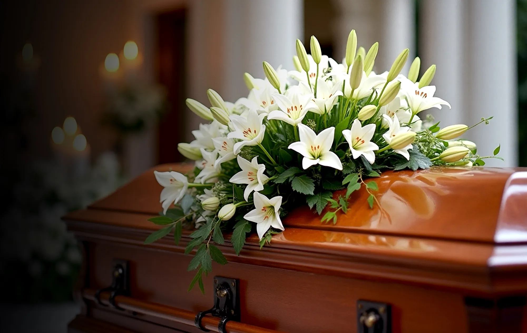 White lilies and green leaves arranged on the lid of a polished wooden coffin, candles glowing out of focus behind
