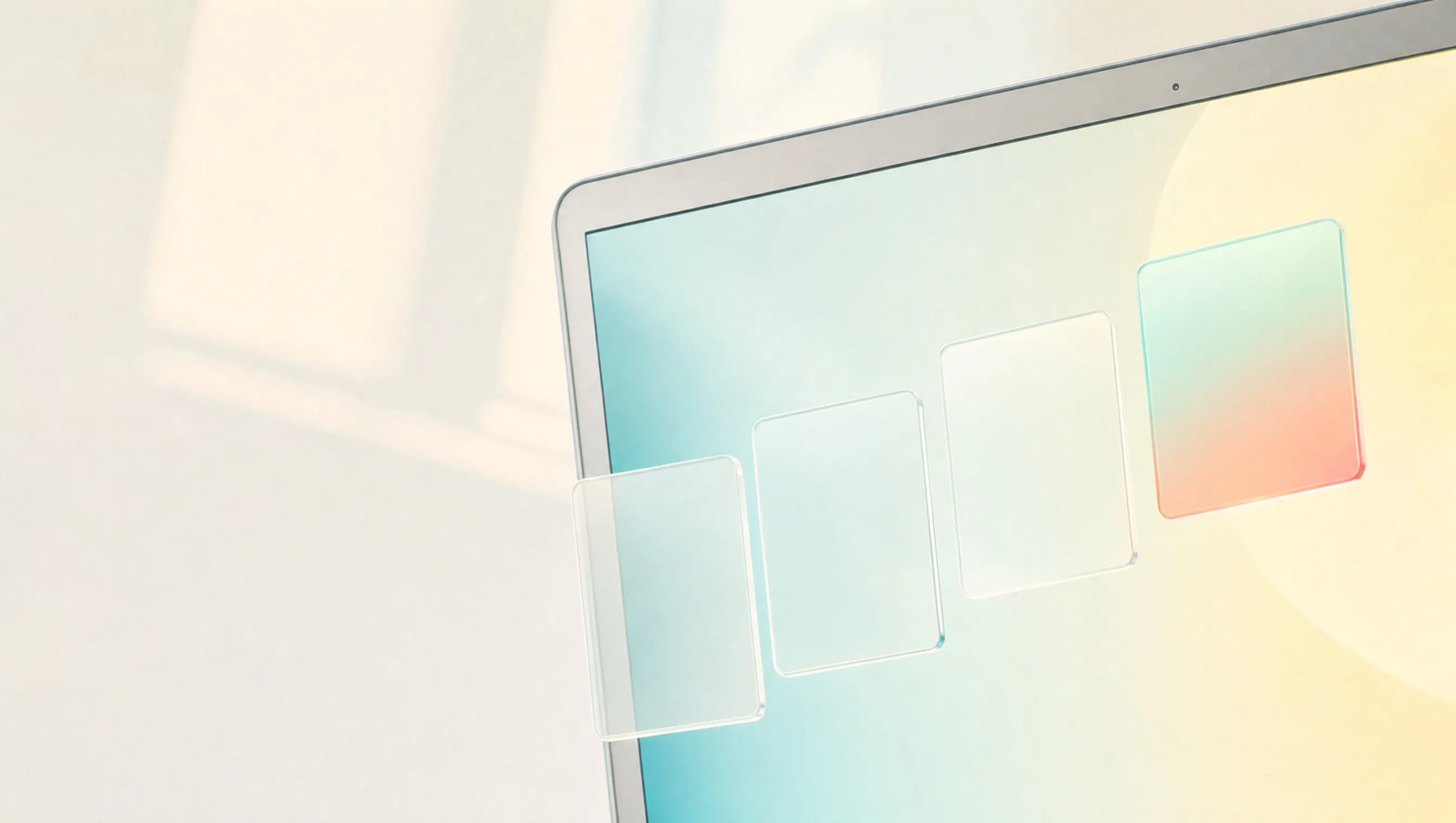 An illustration for a post on AI visibility, showing the corner of a silver laptop against a pale cream background, its blank screen glowing teal and yellow, with 4 frosted glass cards in a row in front of it, the last one glowing teal and coral