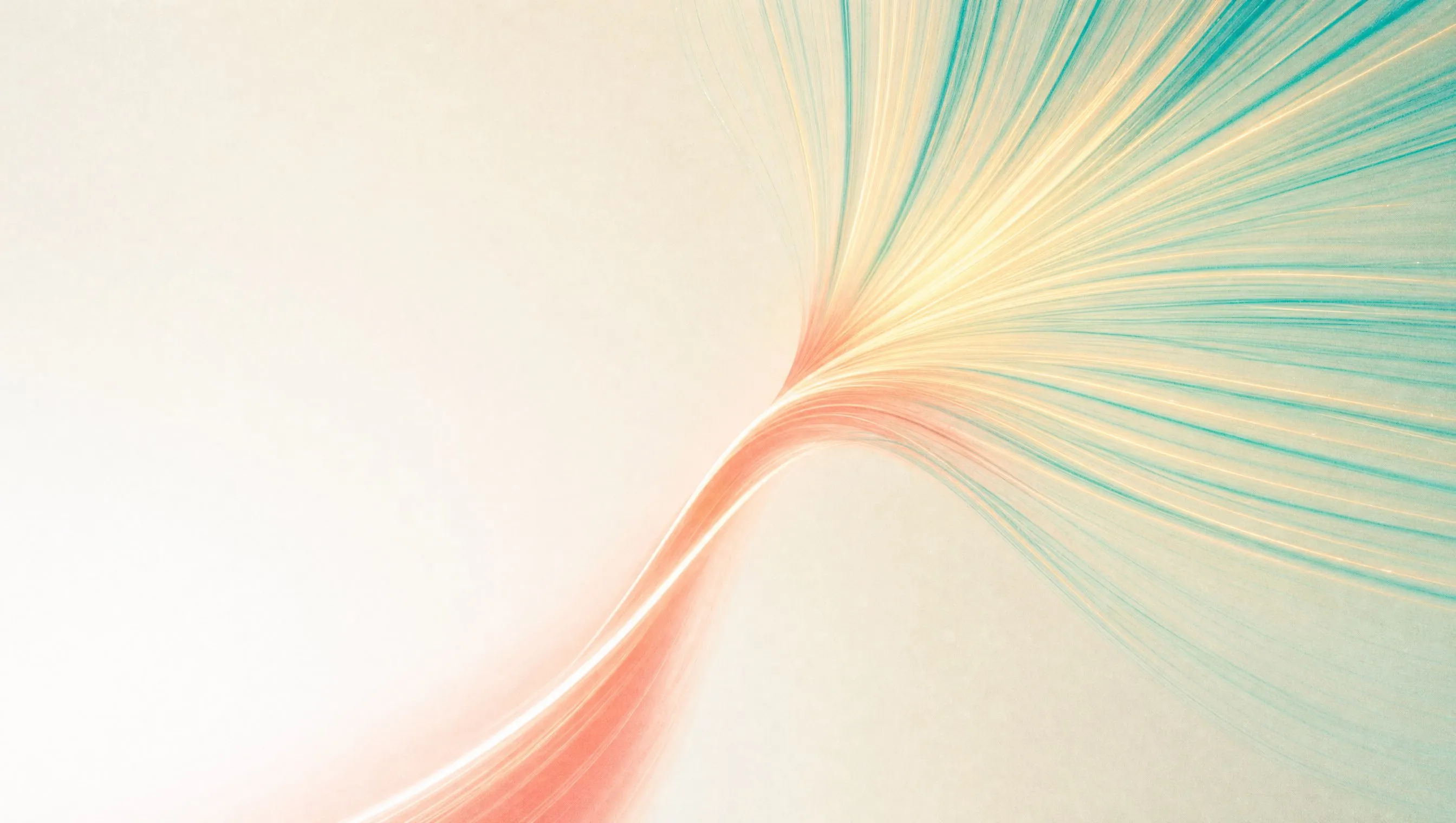 One broad coral ribbon of light rising from the lower left of a pale cream space and splitting into many fine teal and yellow strands in the upper right, an illustration of keyword research with a few big search terms and many long ones