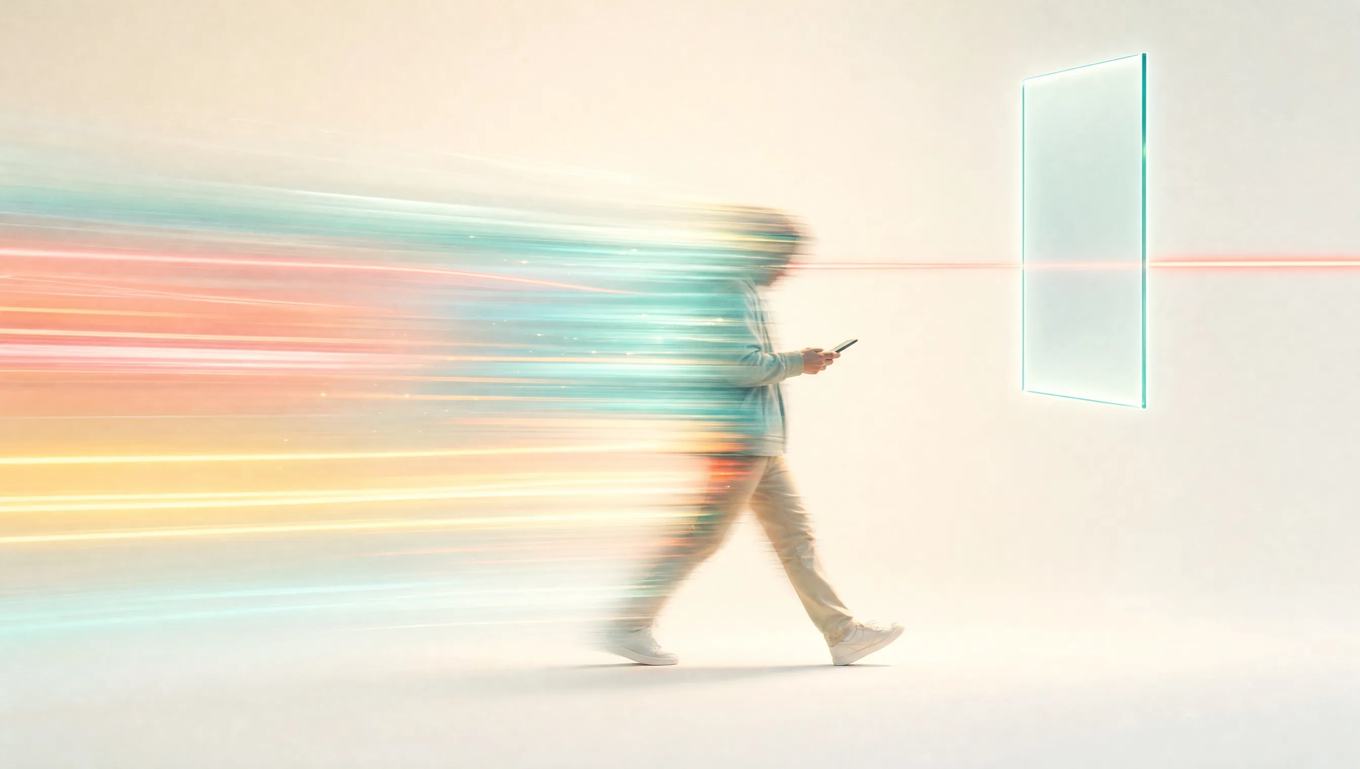 A person walking across a bright cream space and looking down at a phone, their body trailing long streaks of teal, coral and yellow light, with a blank frosted glass panel with glowing teal edges floating ahead and a thin coral line of light passing behind it, for a post on what Google Ads cost