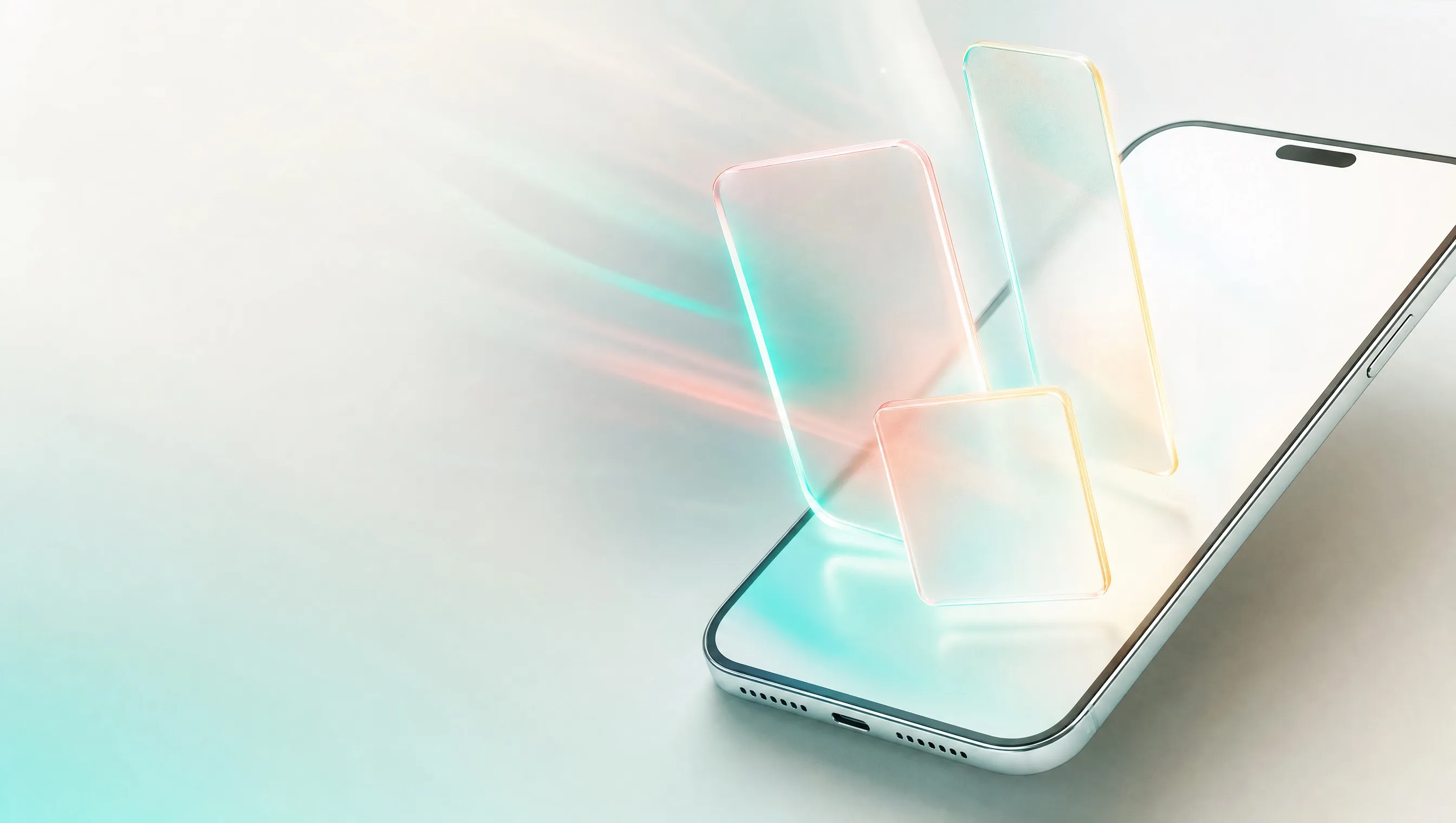 A smartphone lying tilted on a pale cream background with a blank glowing screen, and three blank frosted glass panels rising from it, one tall, one portrait and one square, standing for the different Facebook ad sizes