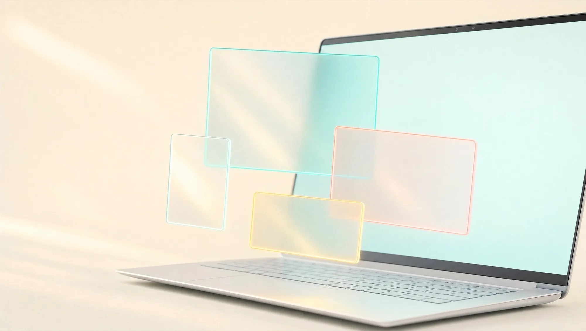 A thin open laptop against a pale cream background, its blank screen glowing pale aqua, with 4 blank frosted glass cards edged in teal, coral and yellow light floating in front of it, for a post on what Facebook ads cost
