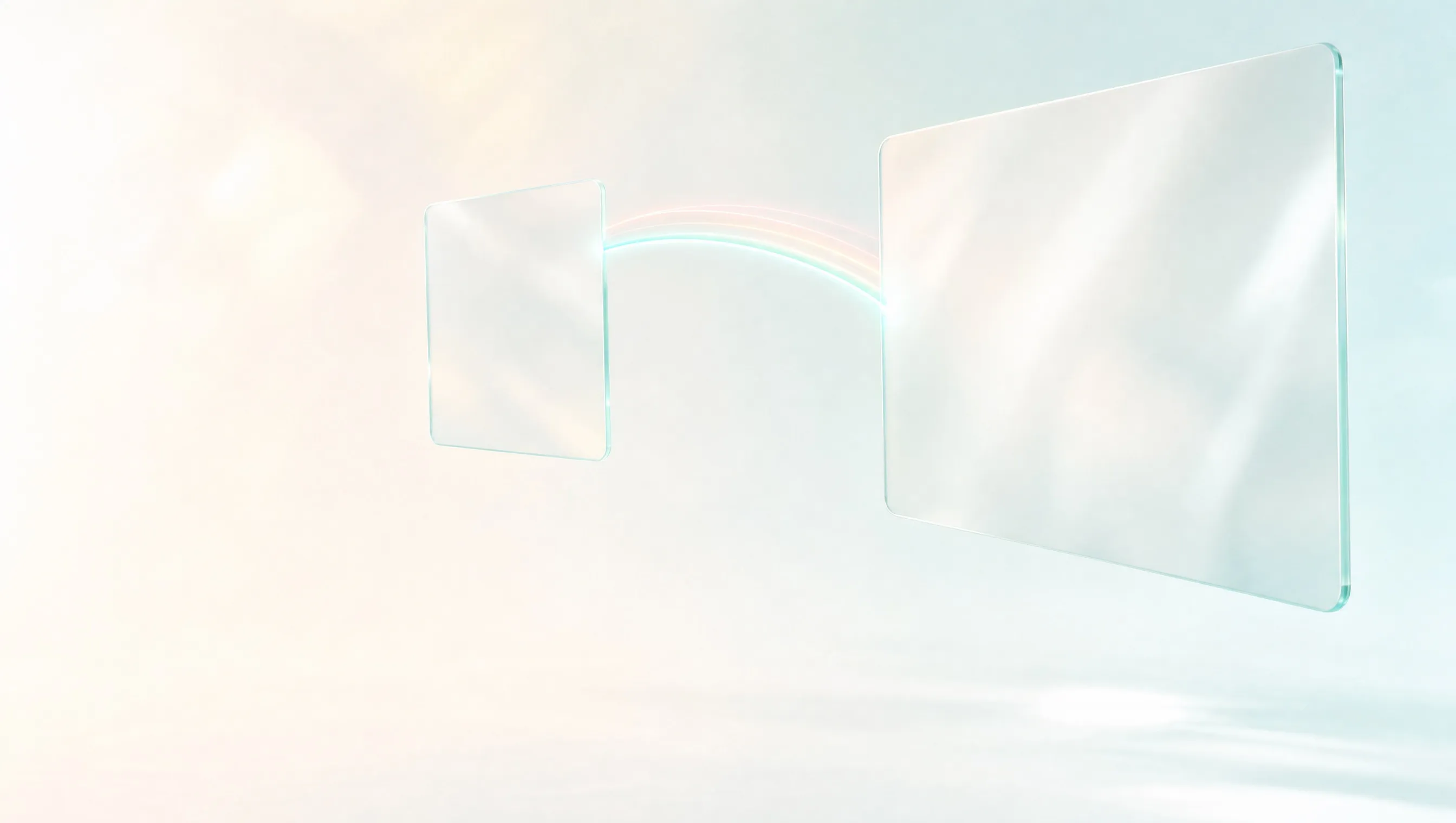Two blank frosted glass panels floating on a bright cream background, joined by a ribbon of teal, coral and yellow light, standing for backlinks between websites