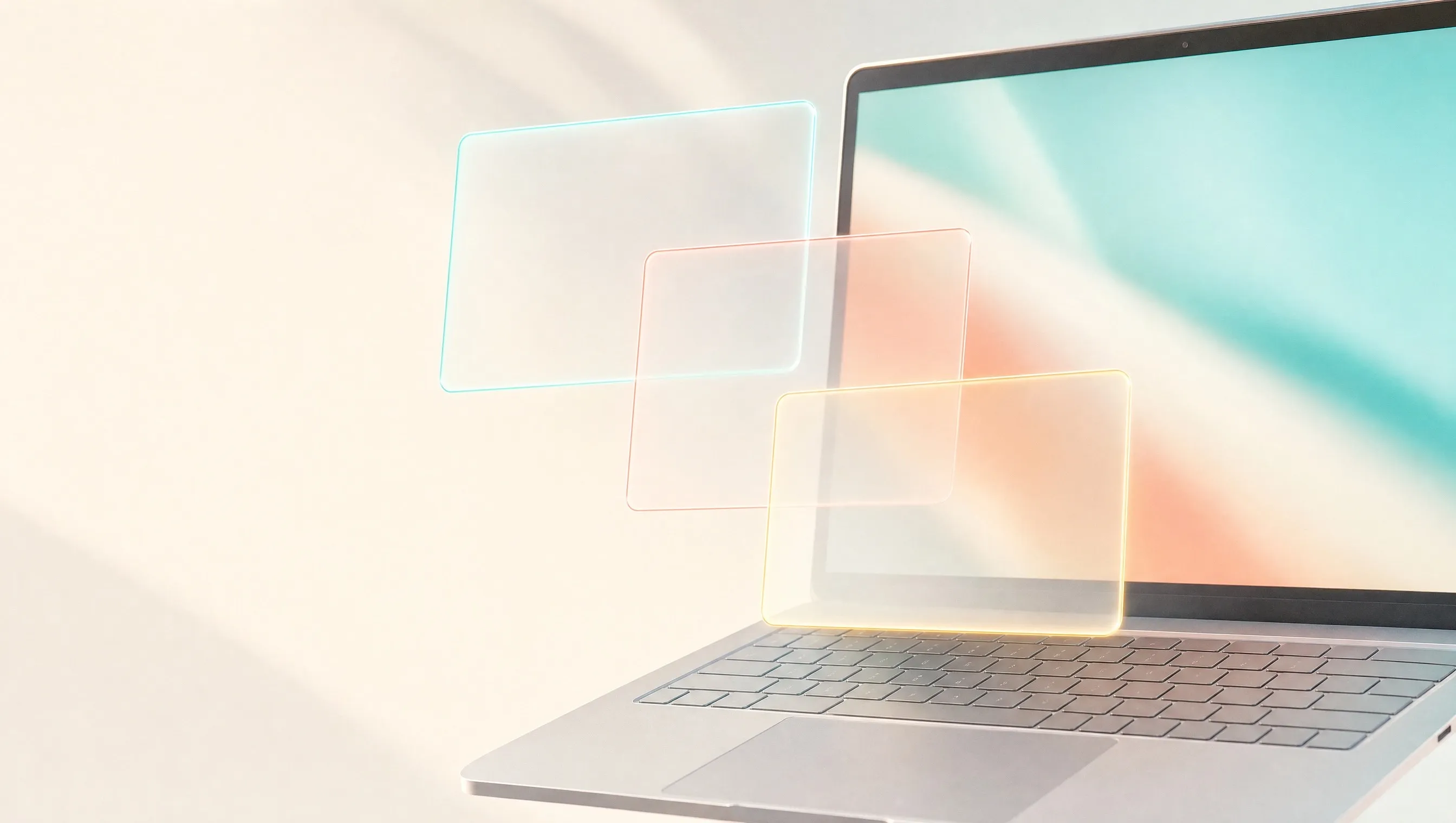 A silver laptop on a pale cream background, its blank screen glowing teal and coral, with 3 frosted glass cards edged in teal, coral and yellow light floating in front of it, an image for a post on Google AI Mode
