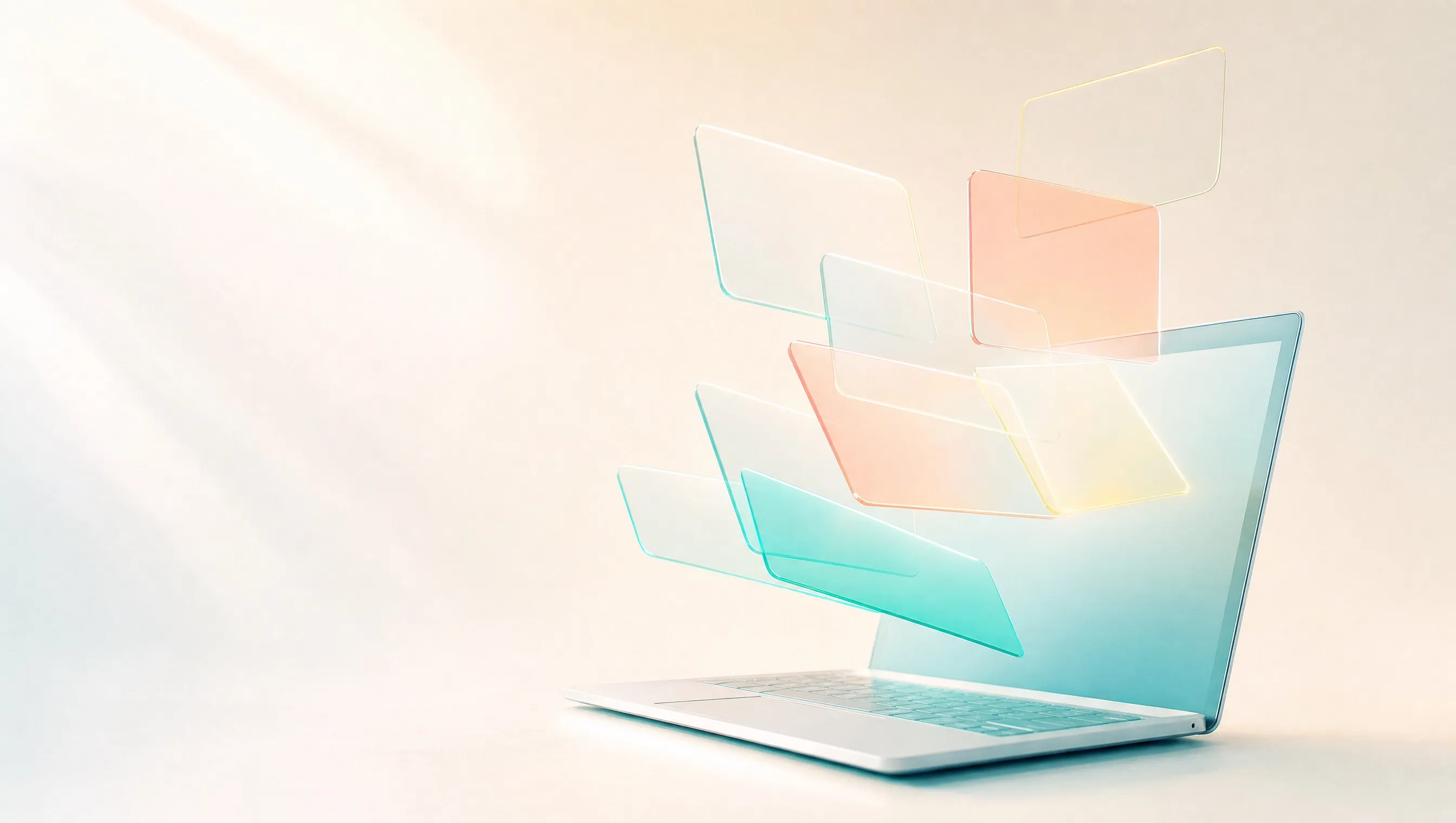 Blank frosted glass cards in teal, coral and yellow float up and out of an open laptop screen on a pale cream background, fanning upward to the right.