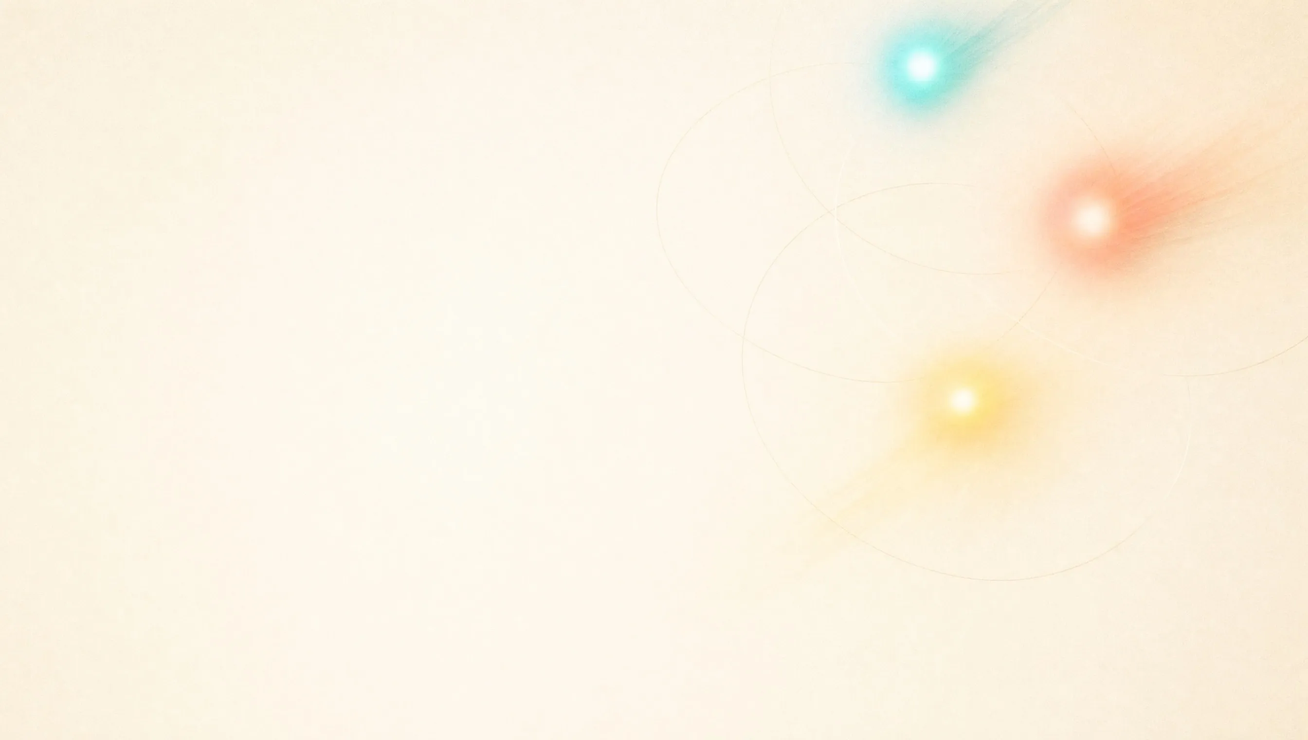Three glowing orbs of teal, coral and yellow light drifting apart across the upper right of a pale cream frame, each with a faint trail and thin circles behind them, an image for a post on Gemini SEO