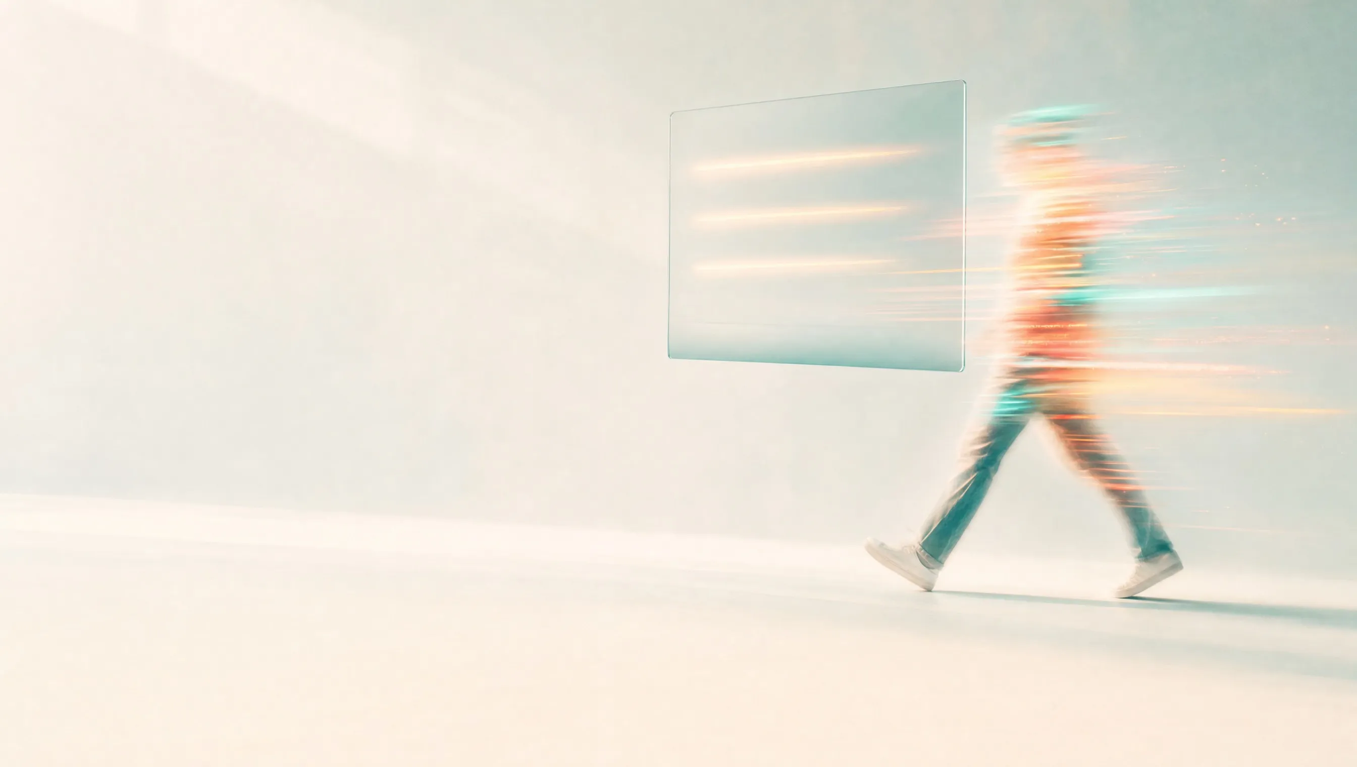 A person in jeans and white trainers walking across a bright, pale room, their body dissolving into teal, coral and yellow light trails beside a blank frosted glass panel with three soft bands of light, for a post on how much SEO costs in Thailand