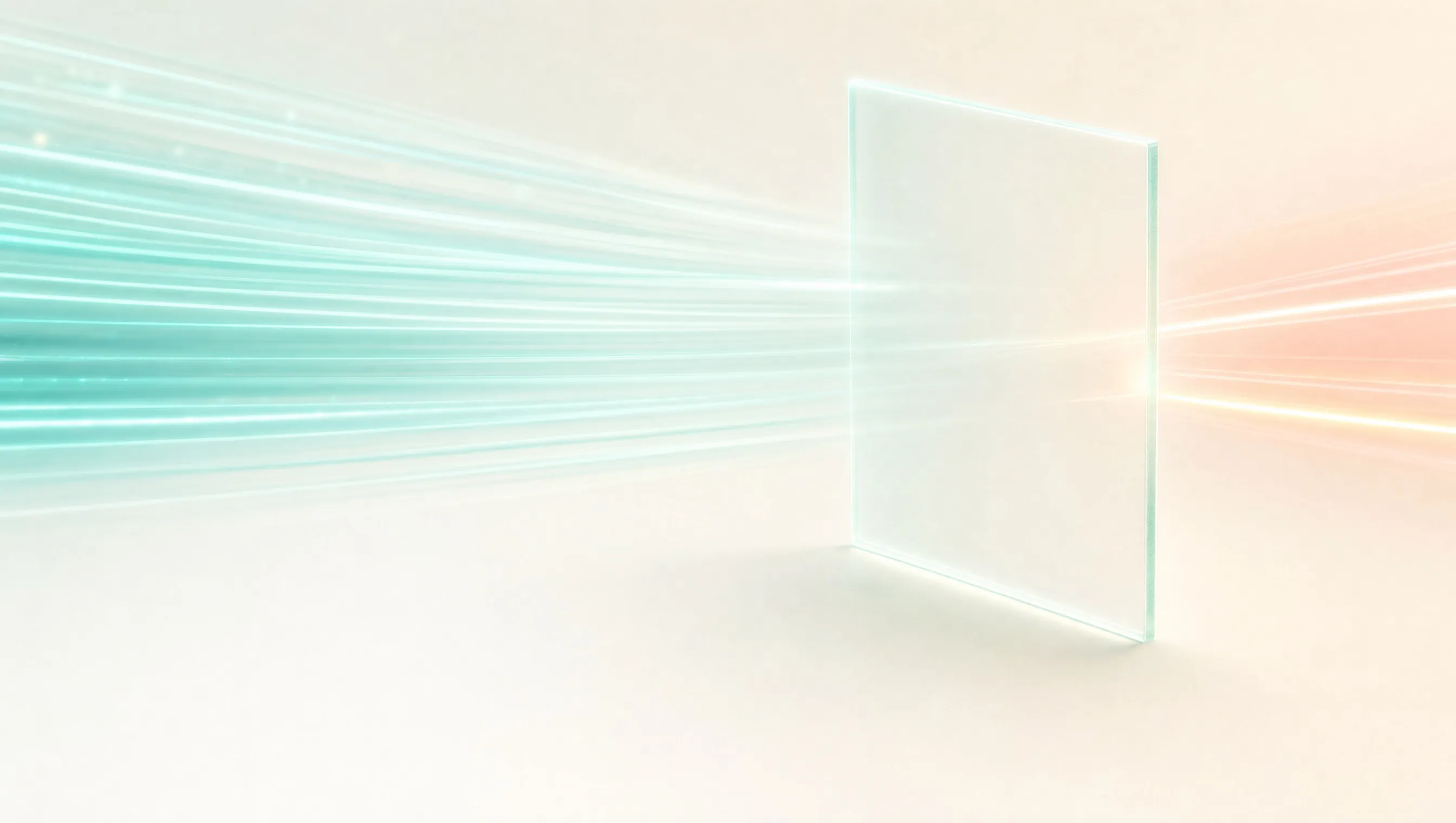 Many thin teal light trails streaming across a pale cream space towards a blank frosted glass panel, with only a few passing through it as coral and yellow light, for a guide to conversion rate