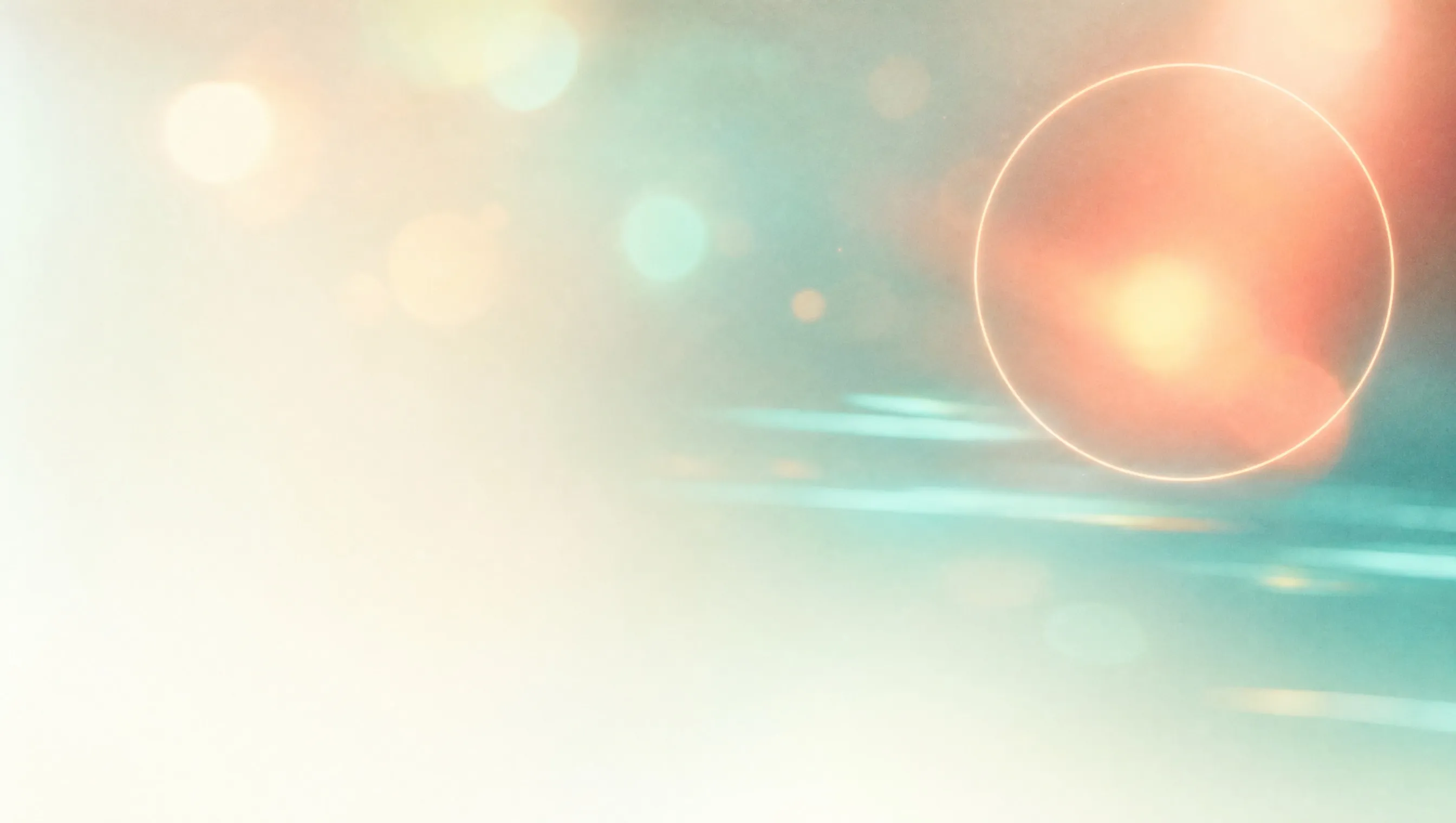 A bright coral glow held in a thin ring of light in the upper right of a pale cream space, with soft teal and yellow blooms and long teal light streaks below, an illustration of what SEO does, one page picked out from many