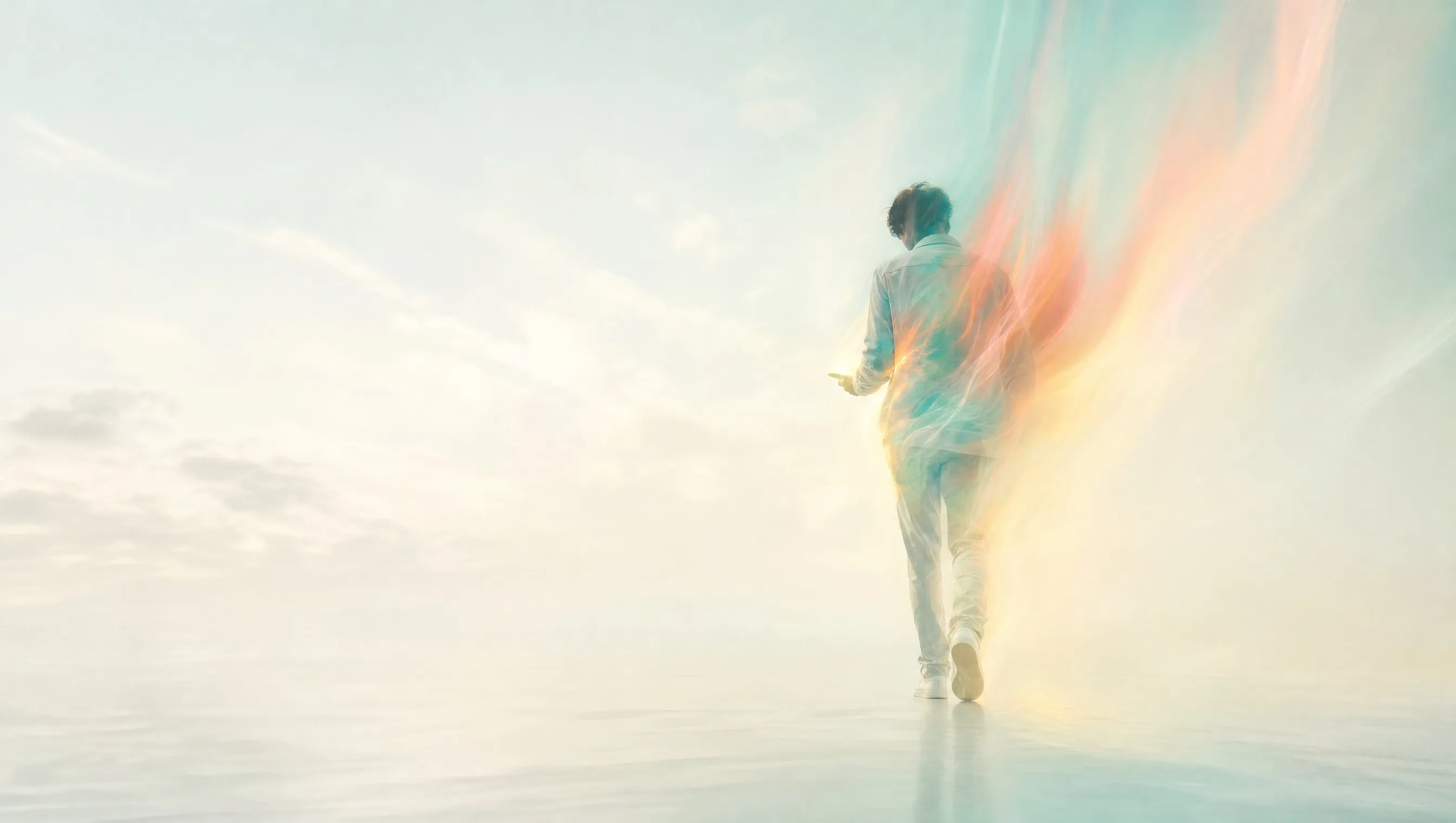 A person seen from behind walking through a bright, pale, empty space and looking down at a phone, trailing long-exposure light in teal, coral and yellow, for a guide to TikTok marketing