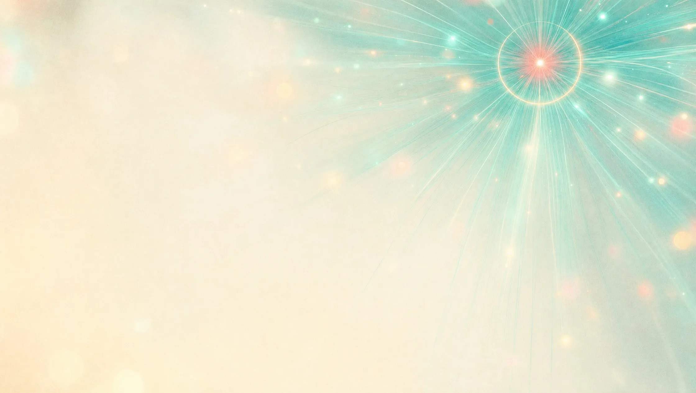 Many fine threads of teal light converge from across a pale cream space into one bright coral bloom inside a thin ring of light in the upper right, with soft bokeh dots around it.