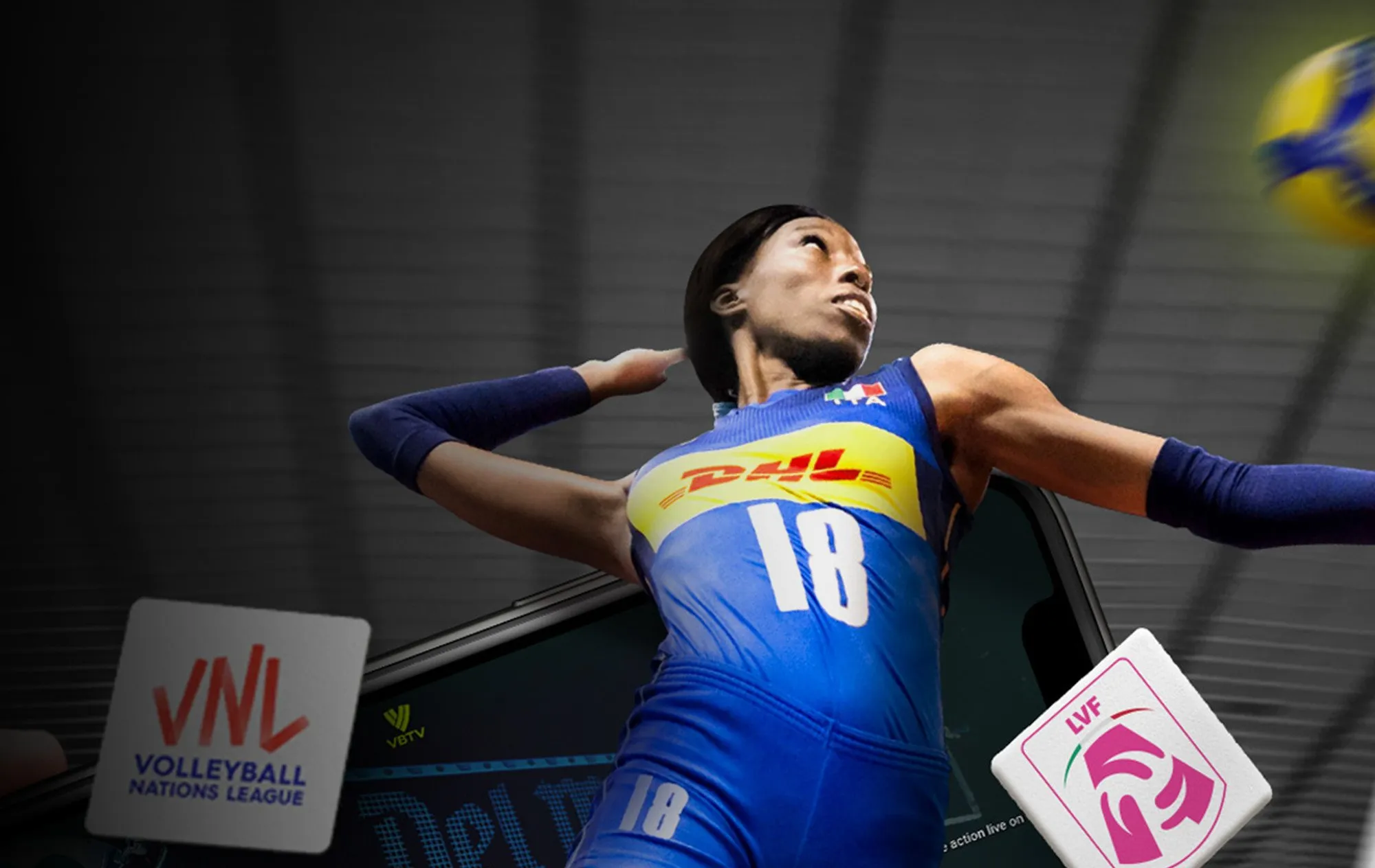 A volleyball player in a blue Italy shirt with a DHL logo across the chest, leaning back to hit the ball, in front of a phone showing the VBTV app, with the Volleyball Nations League and LVF logos on tiles at the bottom