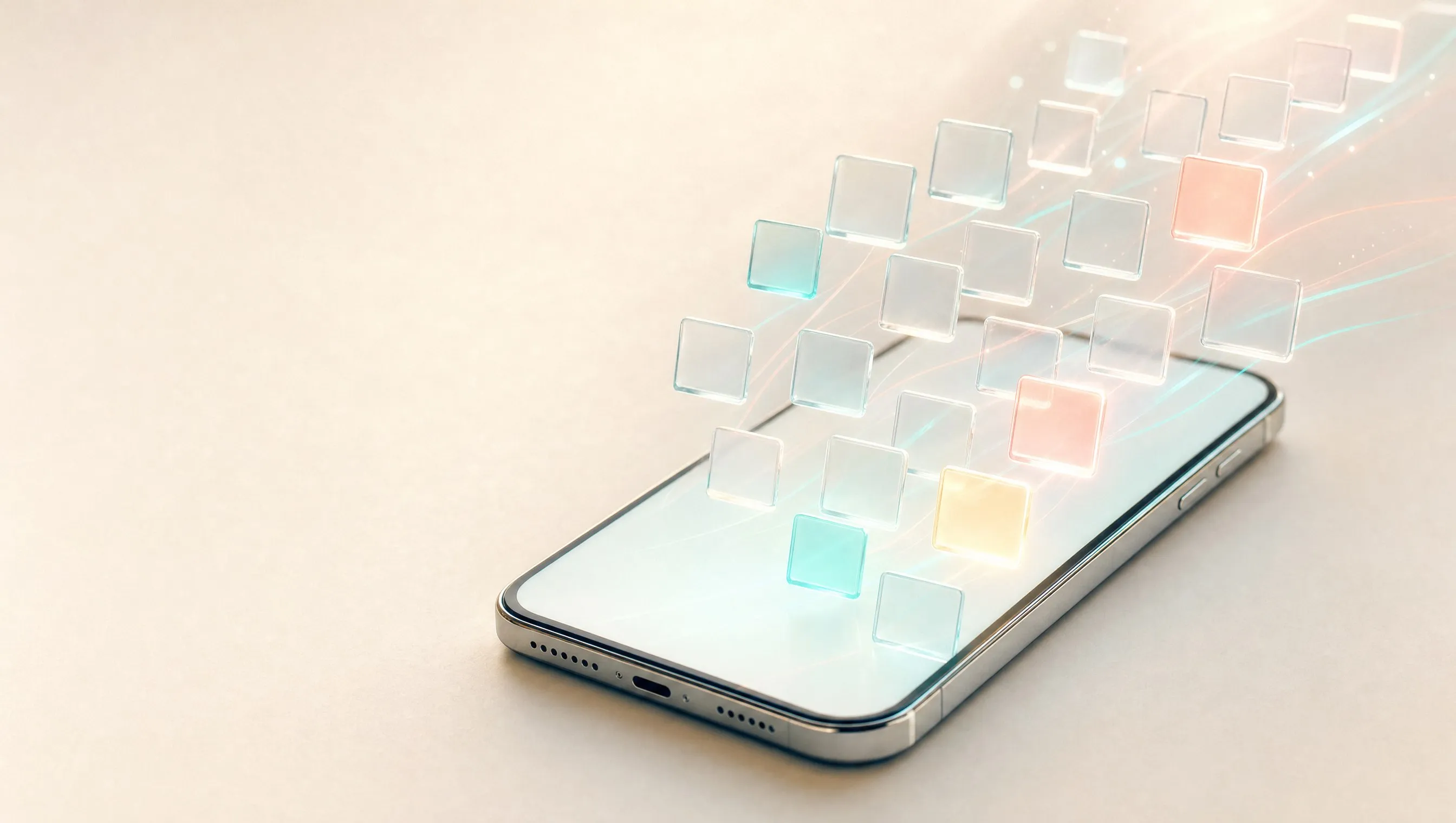 A smartphone lying flat on a pale cream background, its screen blank and glowing, with rows of small frosted glass squares rising from it, a few lit teal, coral and yellow, for a guide to planning a social media strategy
